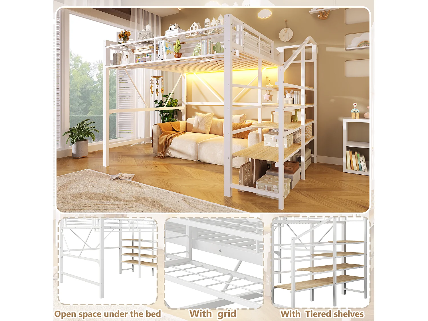 Cama loft 140 x 200 cm - estrutura em metal - com prateleiras de vários níveis - com faixa de luz LED - branco (colchão não incluído)