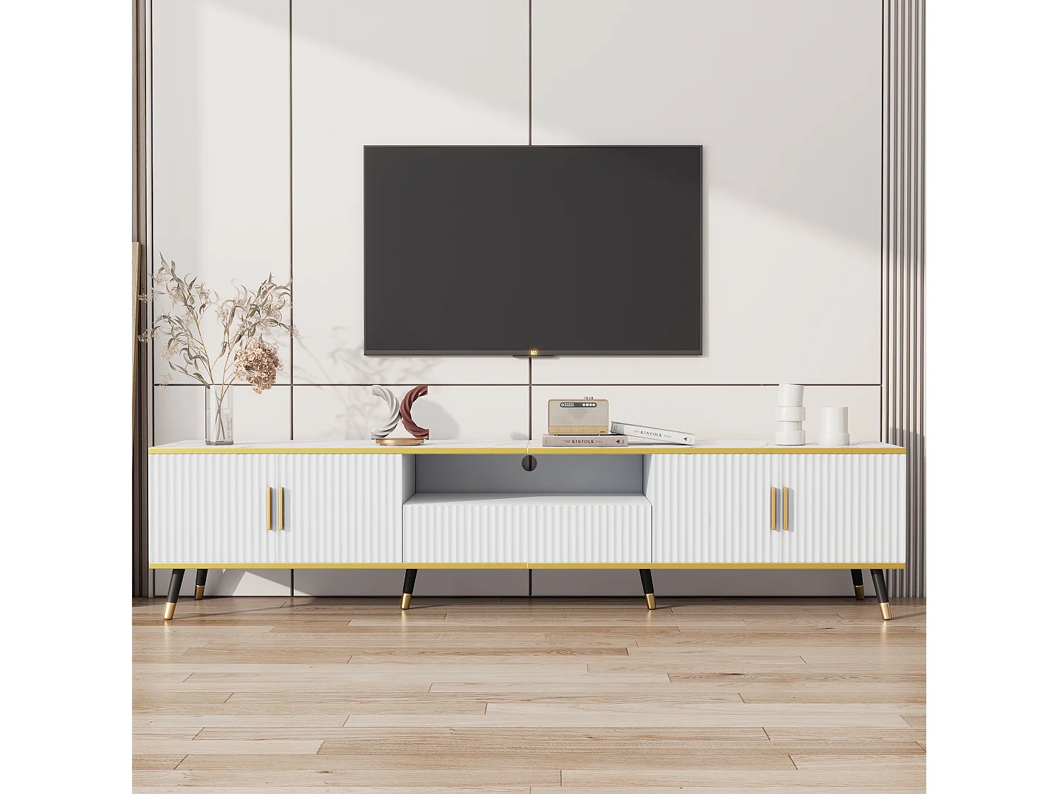 Modern TV Stand 200cm - With 4 Doors and 1 Drawer - Marble Effect - White & Gold