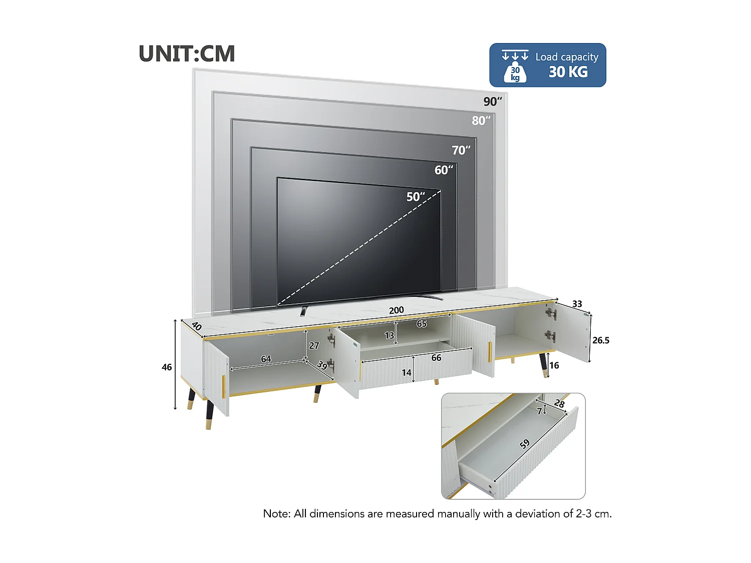 Modern TV Stand 200cm - With 4 Doors and 1 Drawer - Marble Effect - White & Gold