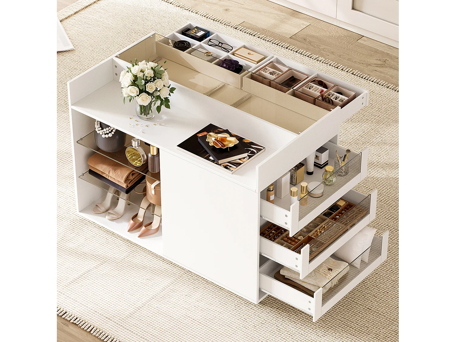 Toeletta moderna in vetro su ruote - 110 x 60 x 79 cm - con 5 cassetti + ripiano - truciolato + vetro - bianca
