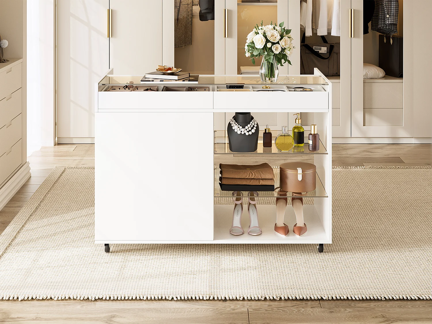 Toeletta moderna in vetro su ruote - 110 x 60 x 79 cm - con 5 cassetti + ripiano - truciolato + vetro - bianca