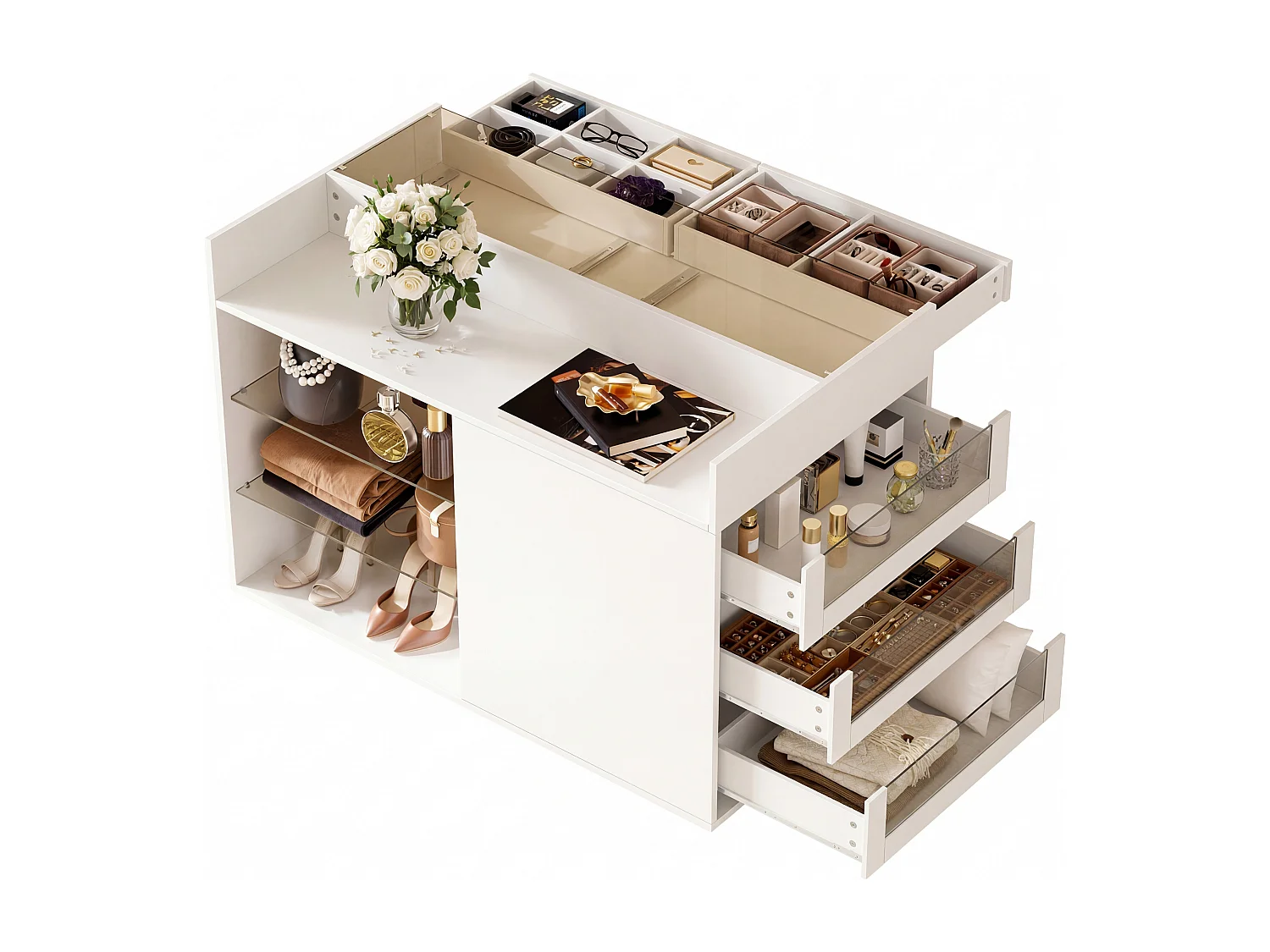 Toeletta moderna in vetro su ruote - 110 x 60 x 79 cm - con 5 cassetti + ripiano - truciolato + vetro - bianca