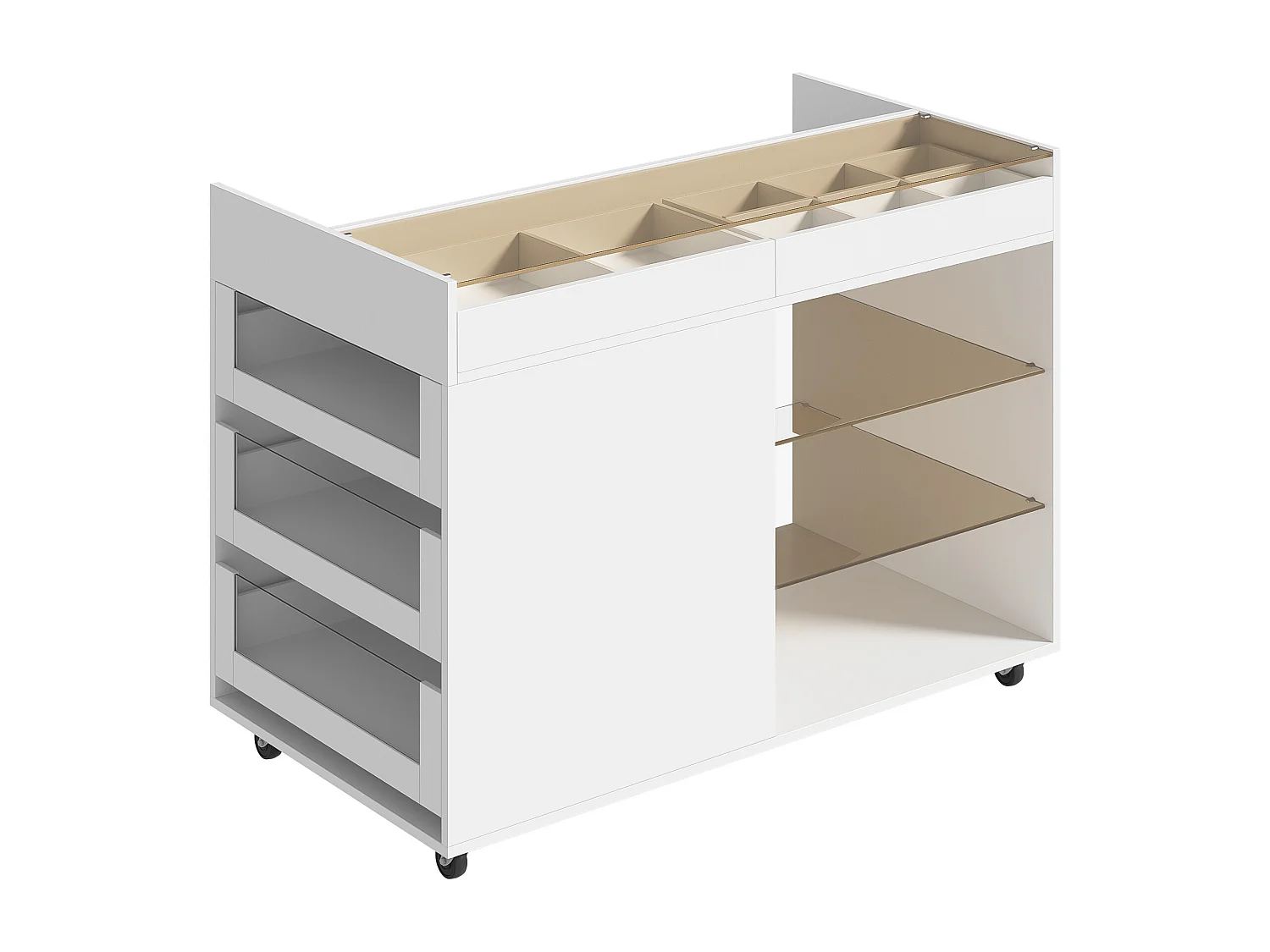 Toeletta moderna in vetro su ruote - 110 x 60 x 79 cm - con 5 cassetti + ripiano - truciolato + vetro - bianca