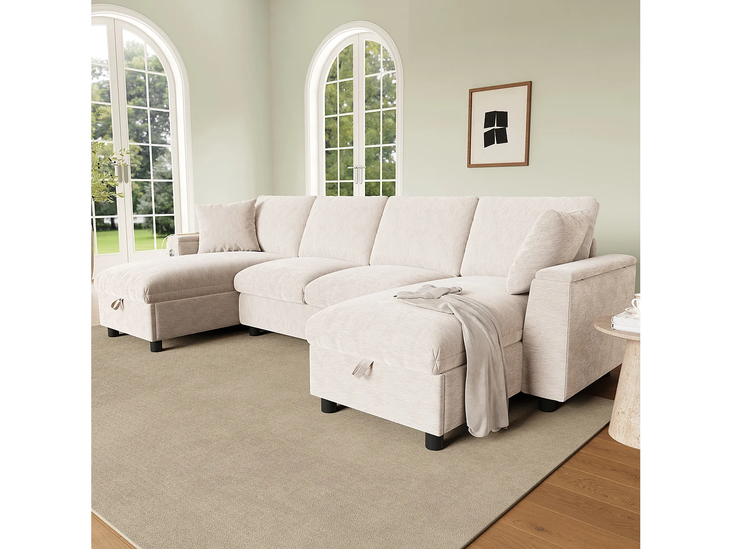 Canapé moderne en forme de U 4 places - 284 x 135 x 84 cm - avec 2 méridienne de rangement + USB - velours - beige