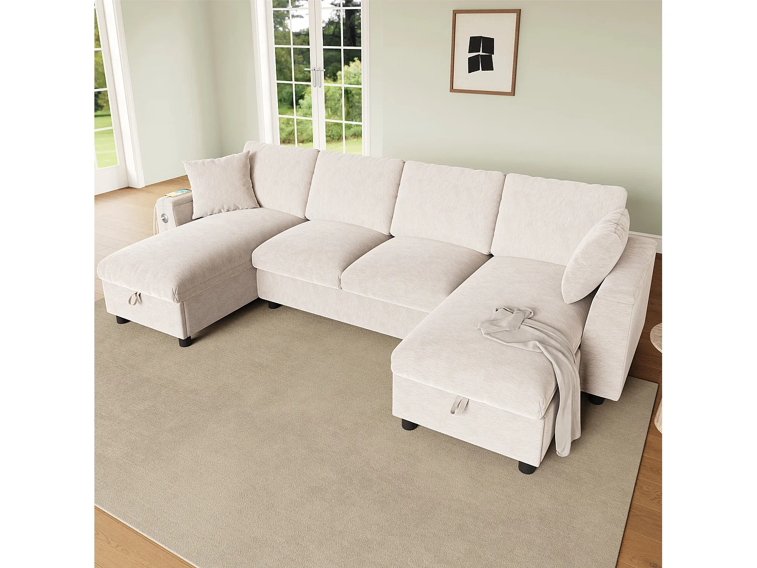 Canapé moderne en forme de U 4 places - 284 x 135 x 84 cm - avec 2 méridienne de rangement + USB - velours - beige