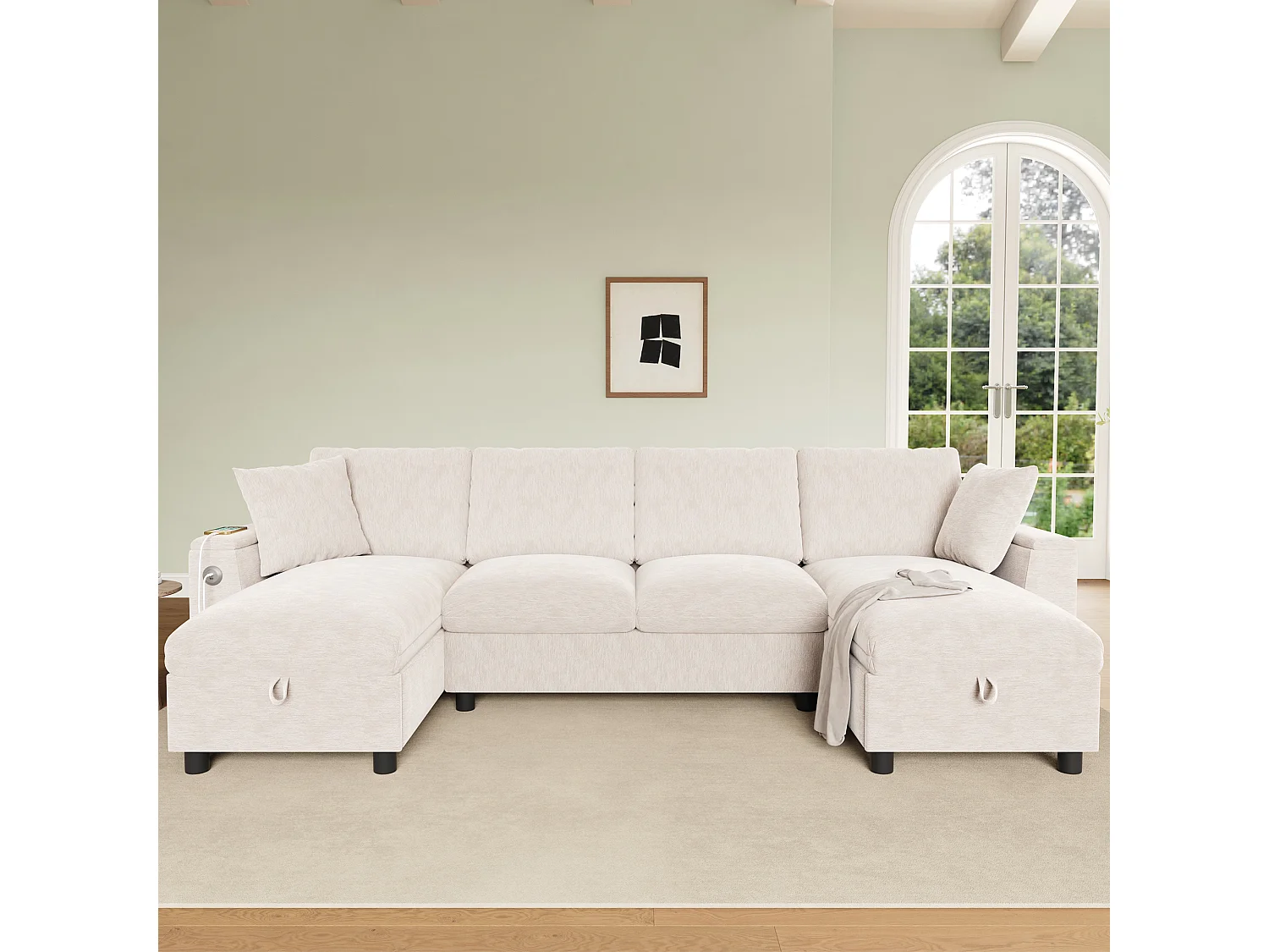 Canapé moderne en forme de U 4 places - 284 x 135 x 84 cm - avec 2 méridienne de rangement + USB - velours - beige