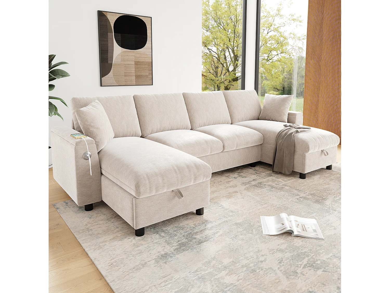 Canapé moderne en forme de U 4 places - 284 x 135 x 84 cm - avec 2 méridienne de rangement + USB - velours - beige