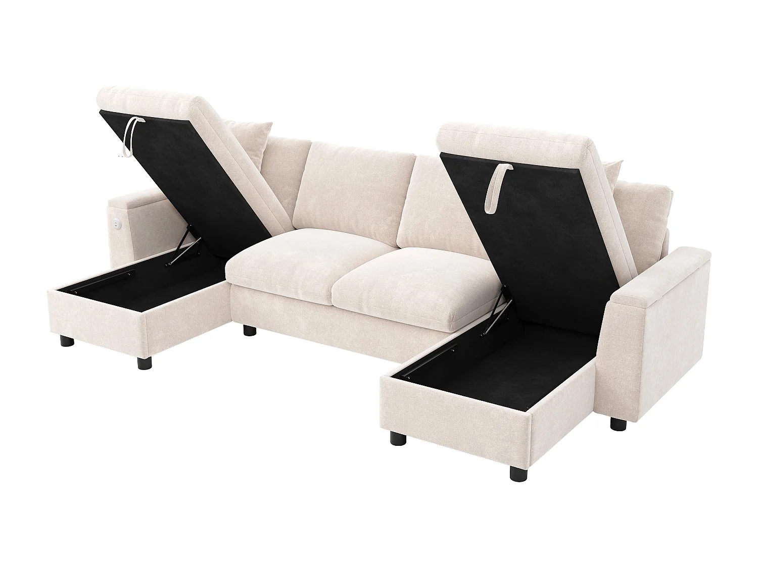 Canapé moderne en forme de U 4 places - 284 x 135 x 84 cm - avec 2 méridienne de rangement + USB - velours - beige