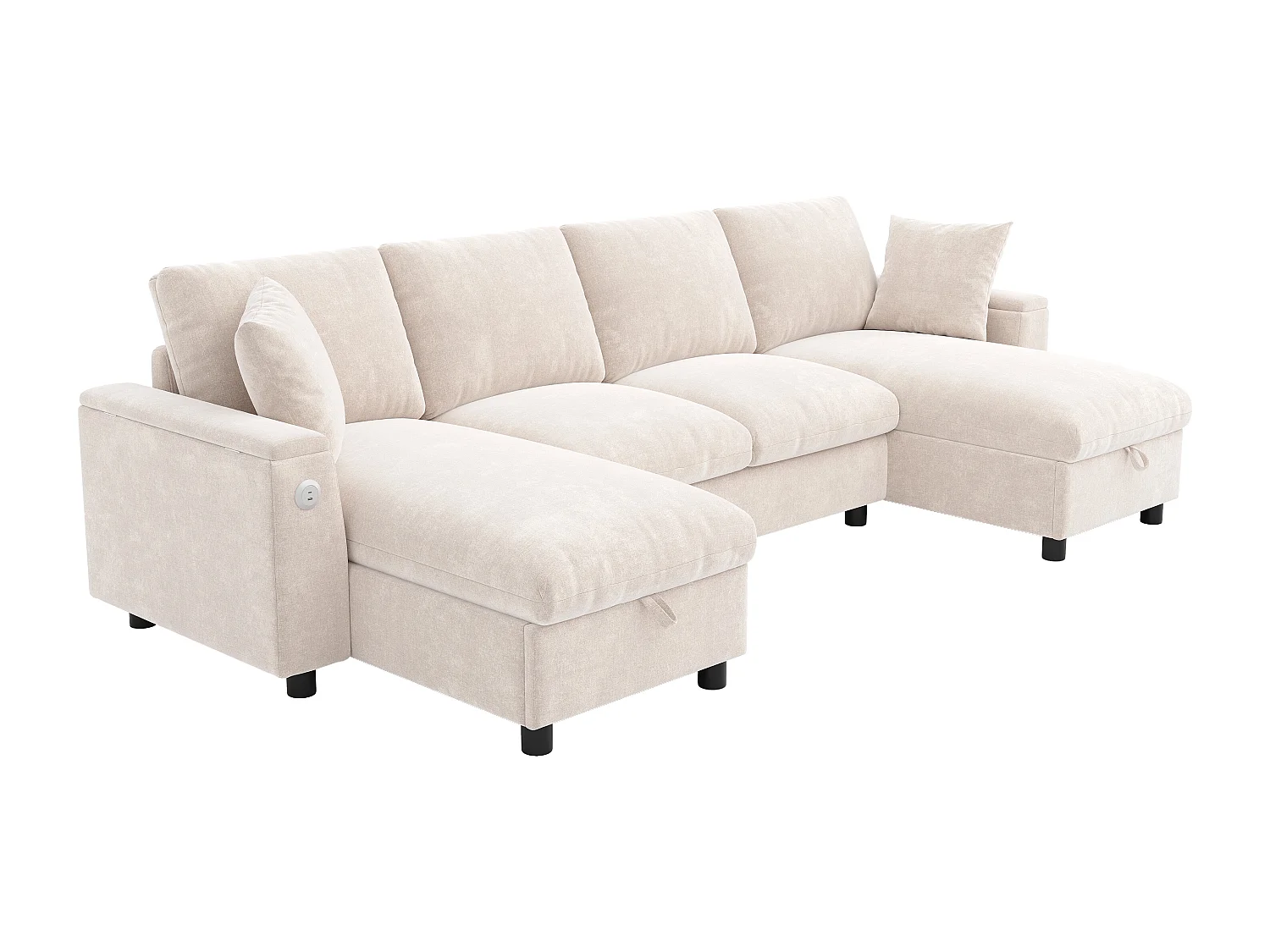 Canapé moderne en forme de U 4 places - 284 x 135 x 84 cm - avec 2 méridienne de rangement + USB - velours - beige