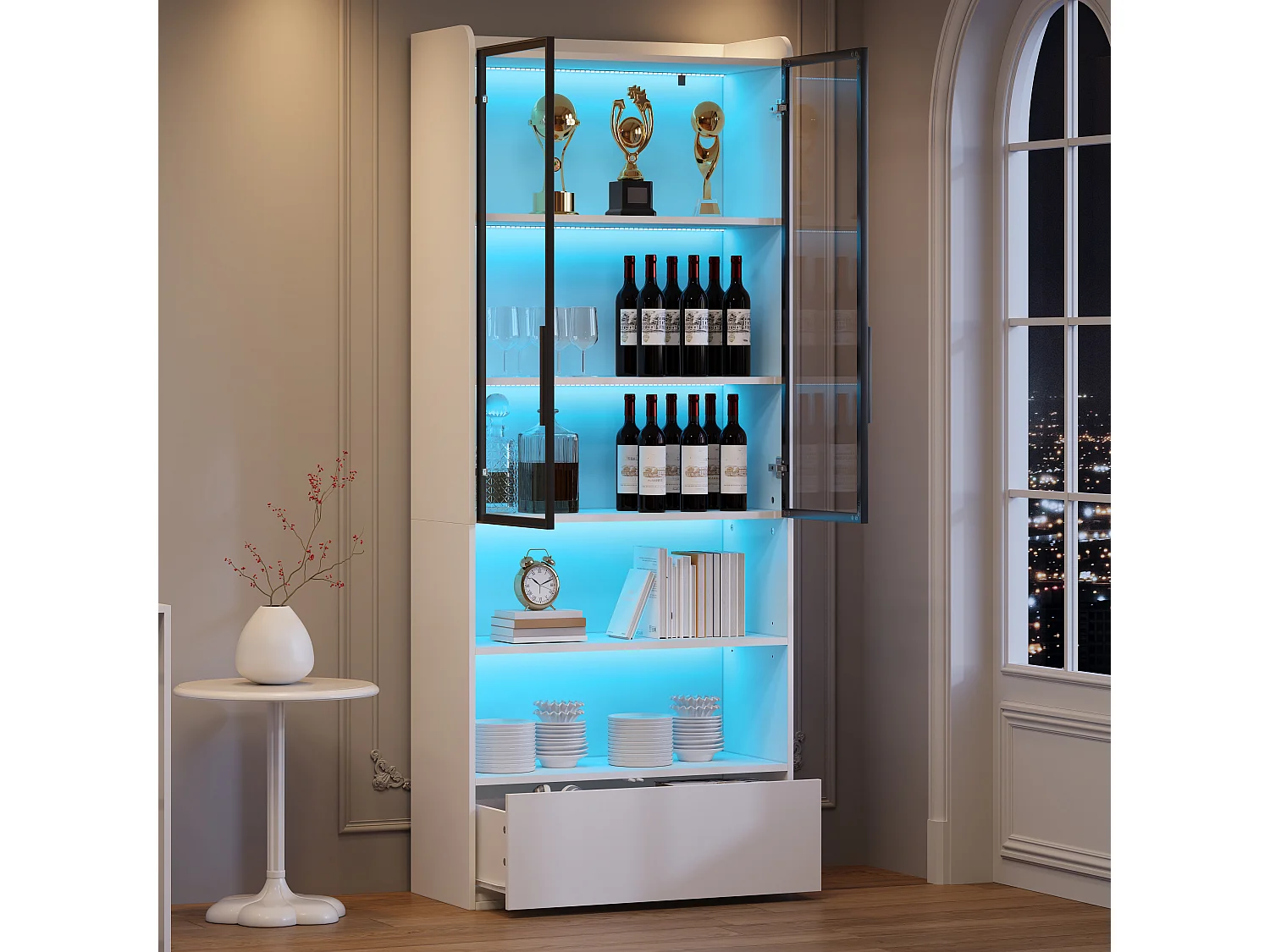 Hohe Glasvitrine – 80 x 34 x 180 cm – mit 1 Schublade + Glastüren + LEDs + offenem Fach – MDF + Glas – weiß
