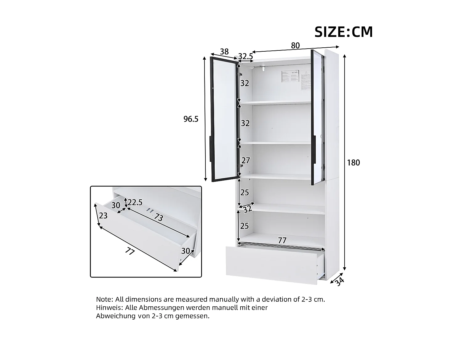 Hohe Glasvitrine – 80 x 34 x 180 cm – mit 1 Schublade + Glastüren + LEDs + offenem Fach – MDF + Glas – weiß