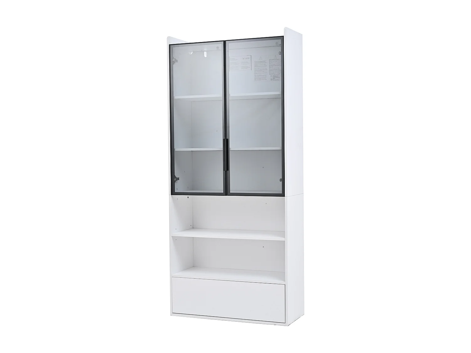 Hohe Glasvitrine – 80 x 34 x 180 cm – mit 1 Schublade + Glastüren + LEDs + offenem Fach – MDF + Glas – weiß