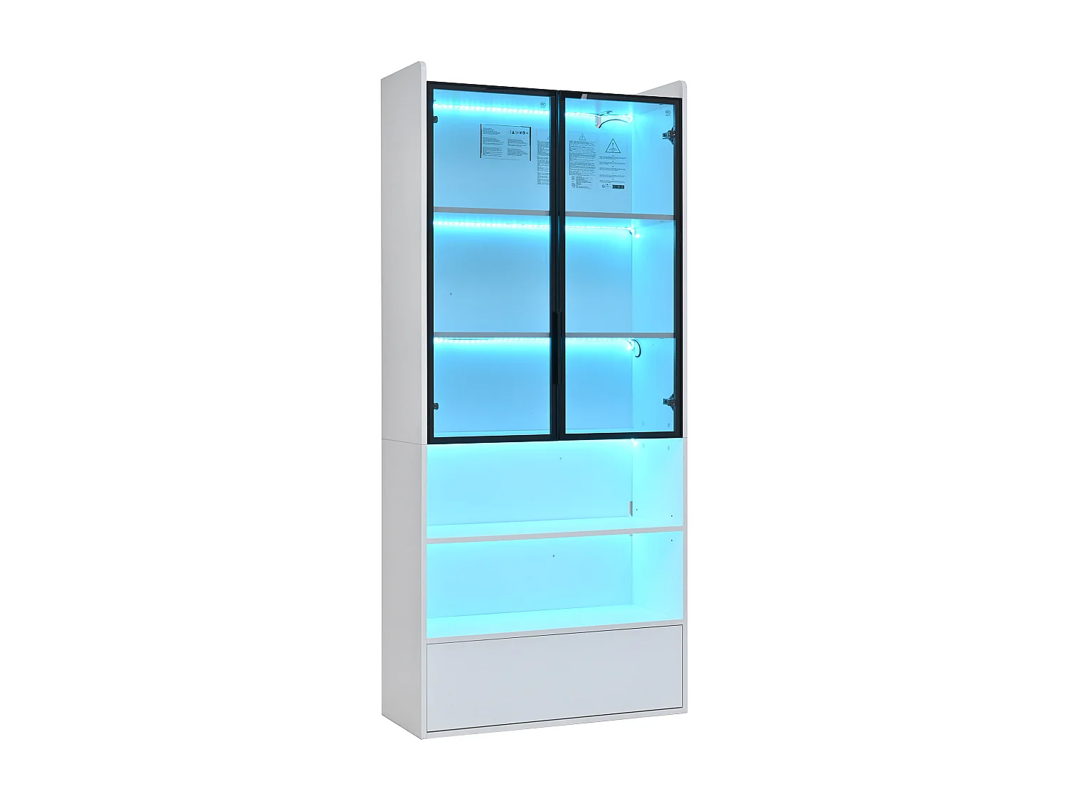Hohe Glasvitrine – 80 x 34 x 180 cm – mit 1 Schublade + Glastüren + LEDs + offenem Fach – MDF + Glas – weiß