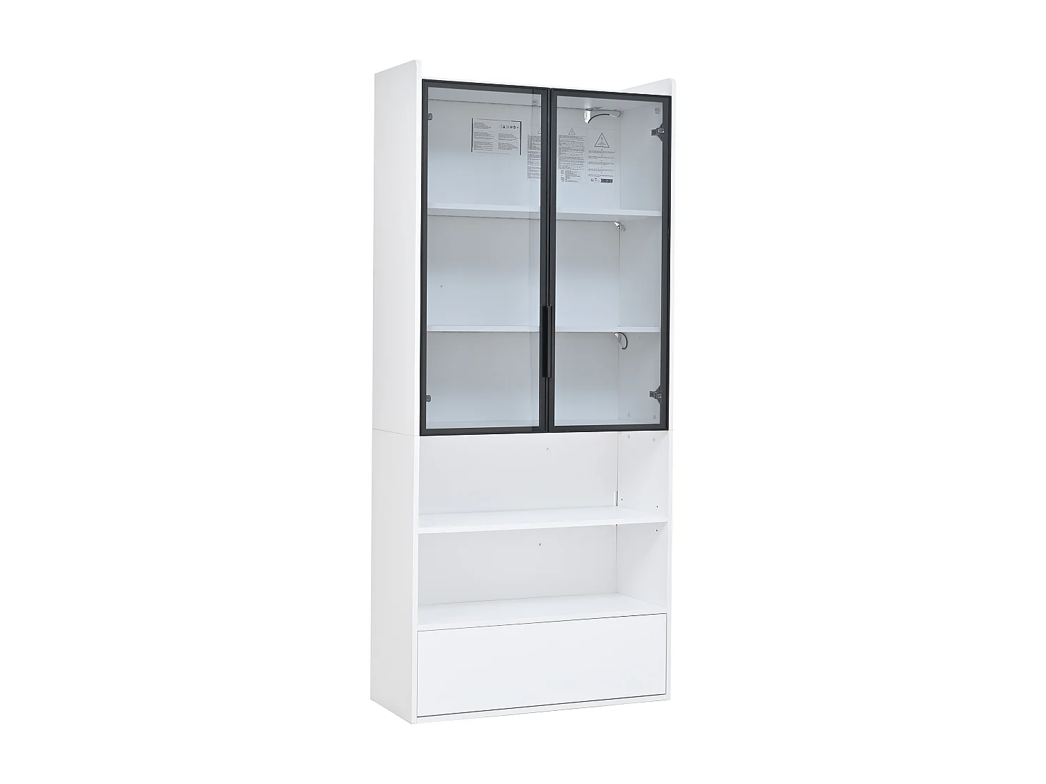 Hohe Glasvitrine – 80 x 34 x 180 cm – mit 1 Schublade + Glastüren + LEDs + offenem Fach – MDF + Glas – weiß