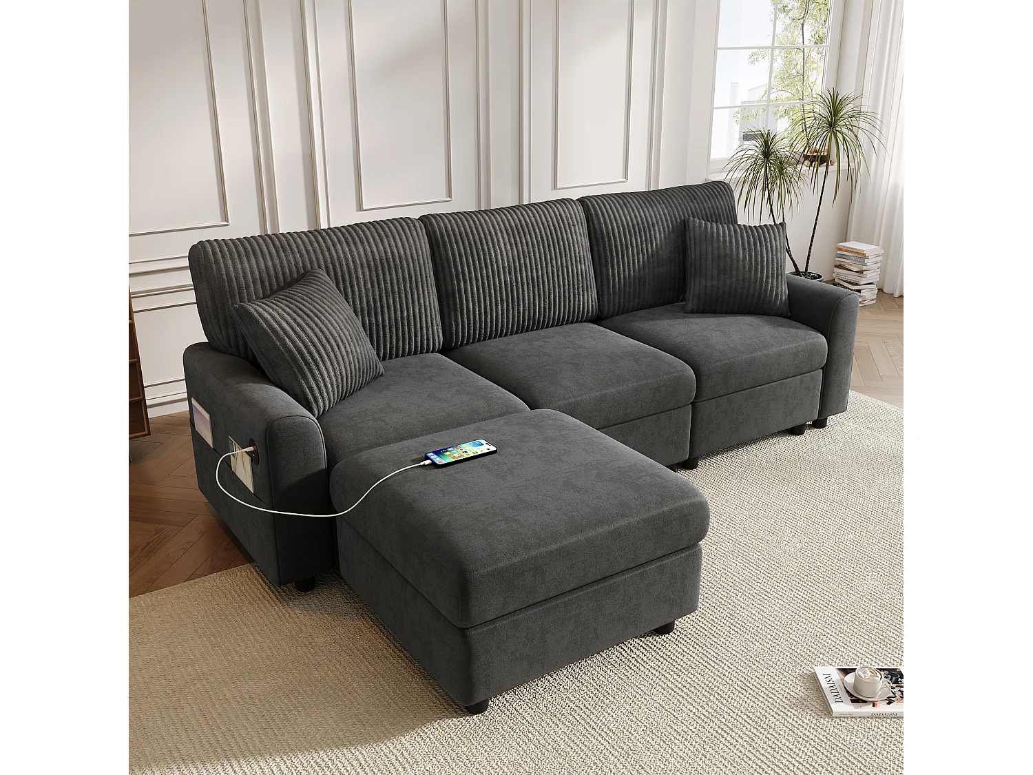 Nowoczesna sofa 3-osobowa - 223 x 146 x 84 cm - z 1 podnóżkiem + 2 poduszkami + USB + Type-C - welur - czarna