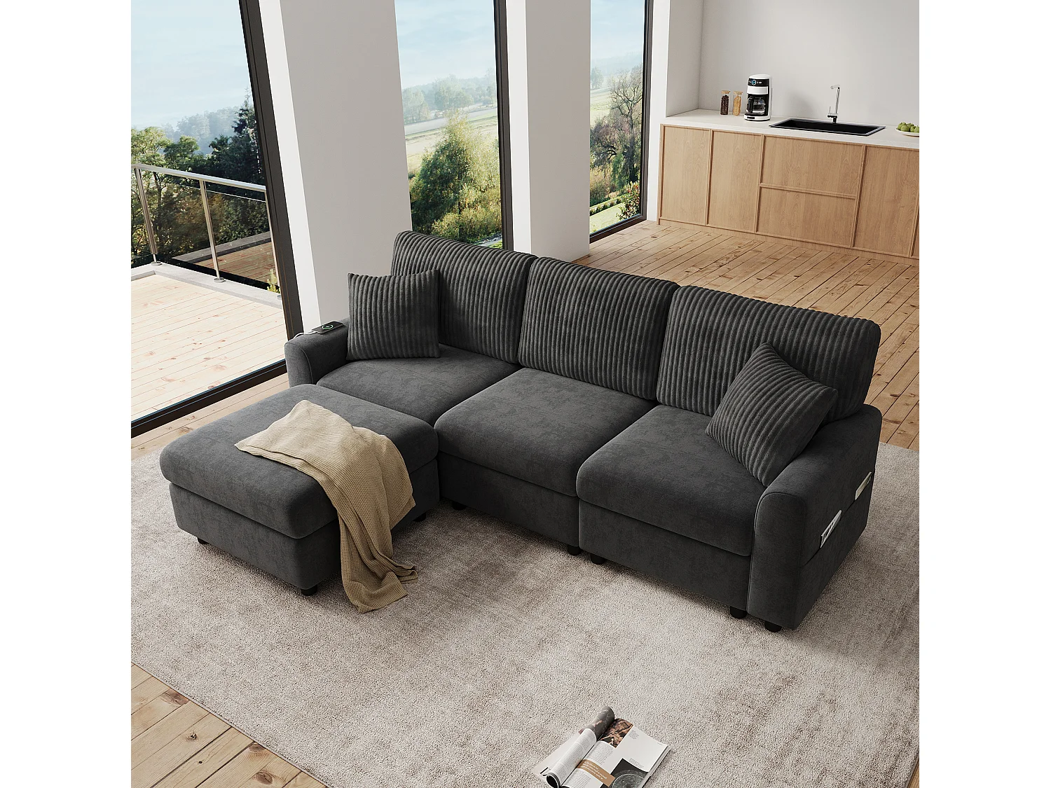 Nowoczesna sofa 3-osobowa - 223 x 146 x 84 cm - z 1 podnóżkiem + 2 poduszkami + USB + Type-C - welur - czarna