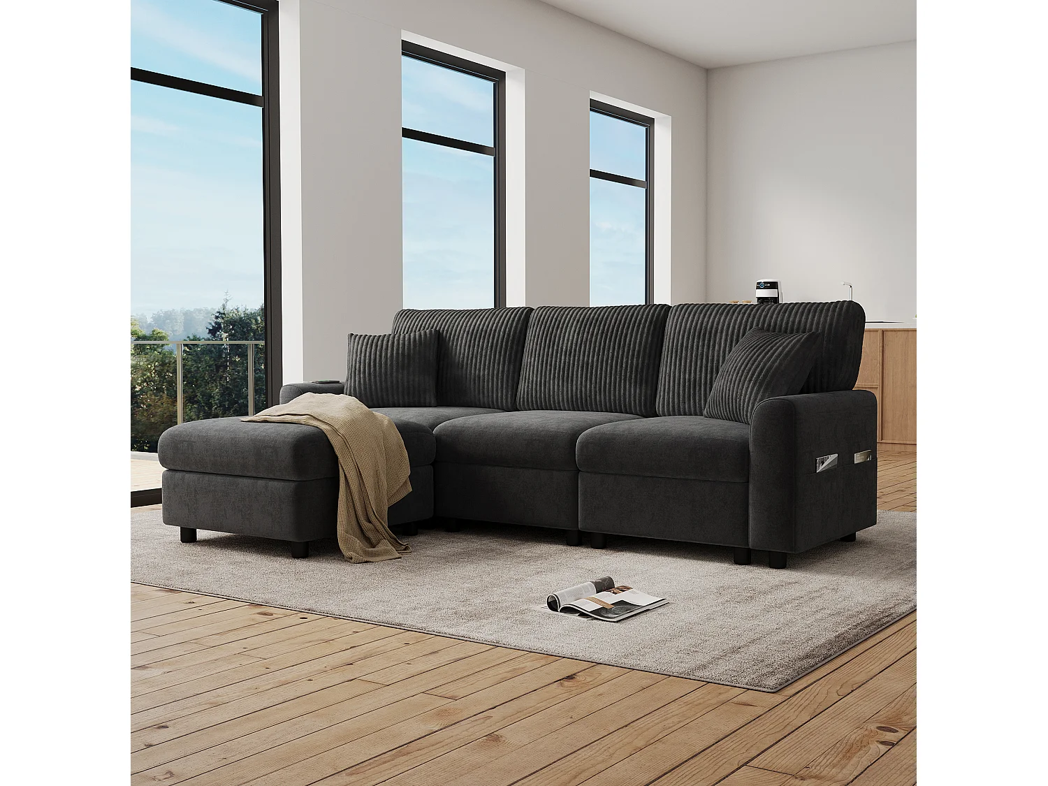 Nowoczesna sofa 3-osobowa - 223 x 146 x 84 cm - z 1 podnóżkiem + 2 poduszkami + USB + Type-C - welur - czarna