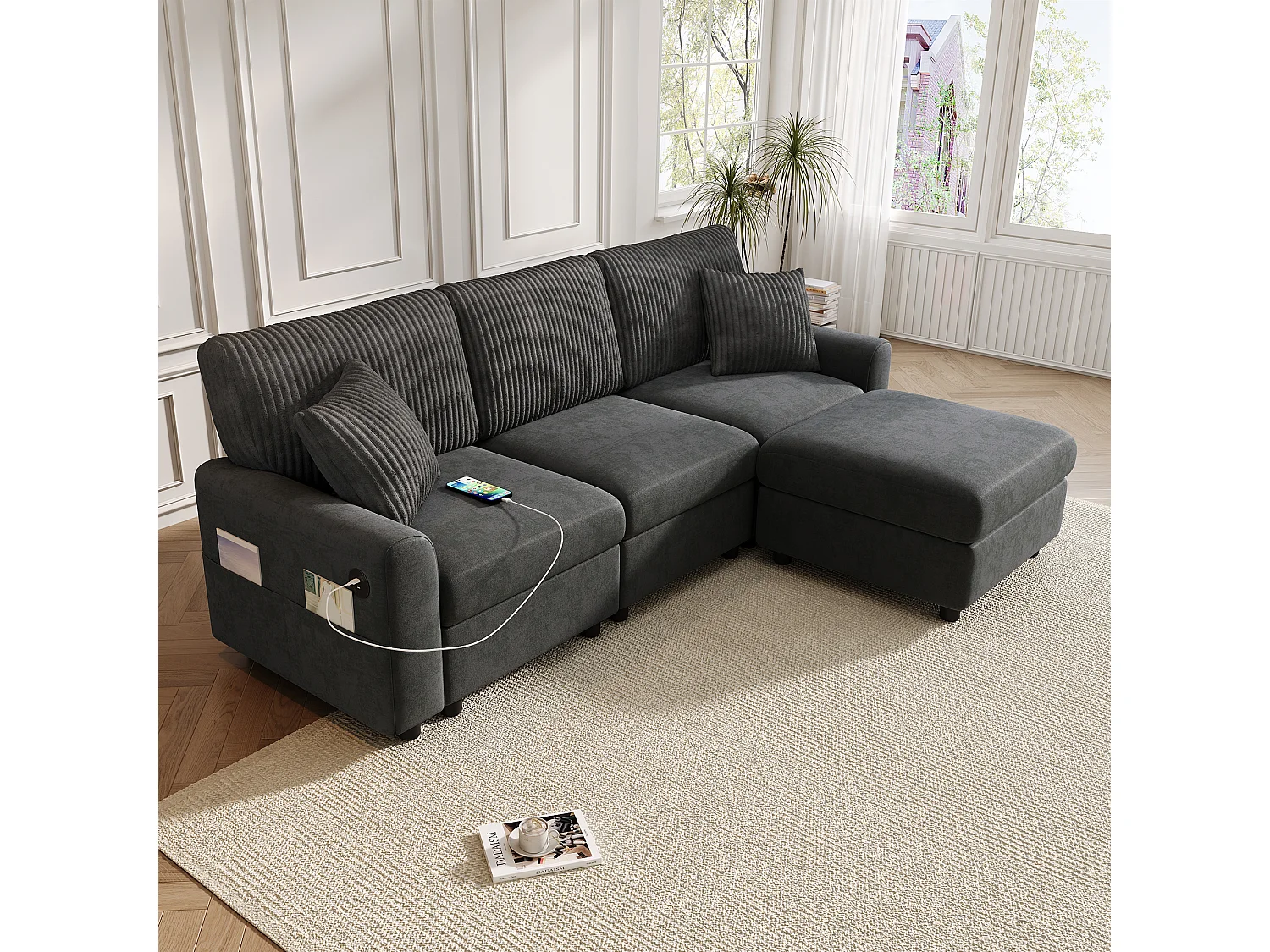Nowoczesna sofa 3-osobowa - 223 x 146 x 84 cm - z 1 podnóżkiem + 2 poduszkami + USB + Type-C - welur - czarna