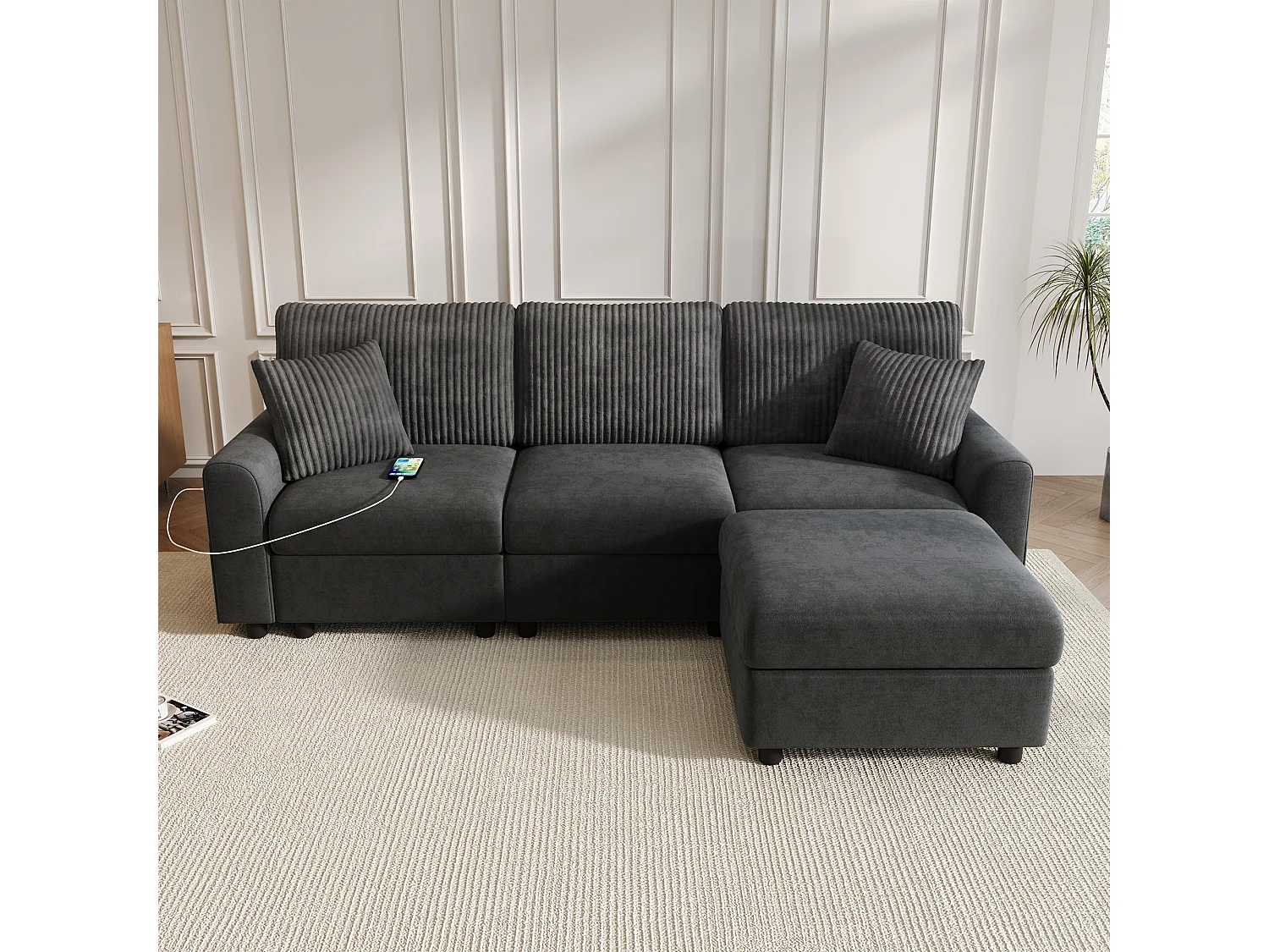 Nowoczesna sofa 3-osobowa - 223 x 146 x 84 cm - z 1 podnóżkiem + 2 poduszkami + USB + Type-C - welur - czarna