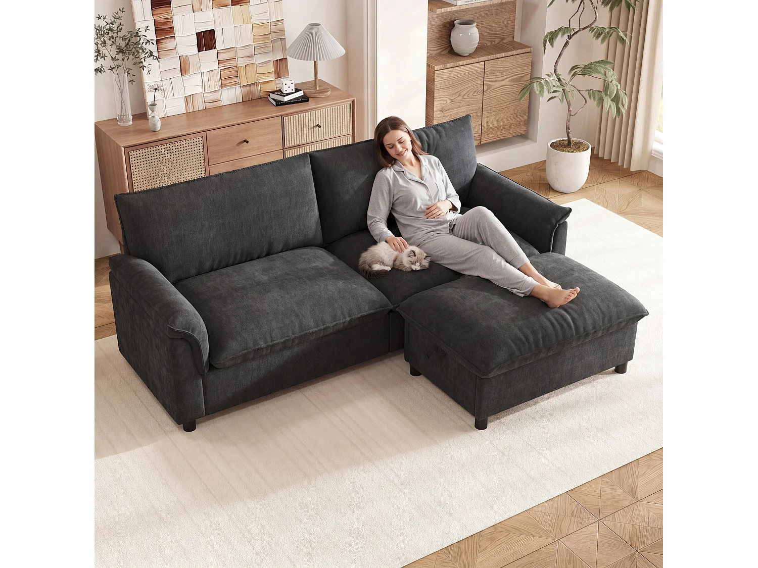 Moderne 2-zitsbank - 216 x 77 x 82 cm - met 1 verwijderbare voetensteun met opbergruimte - fluweel - zwart