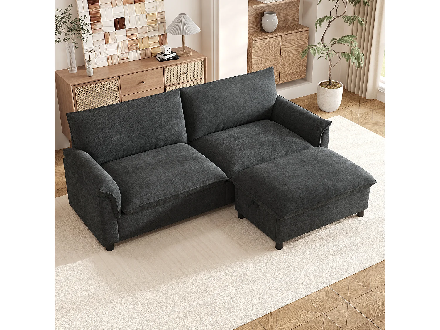 Moderne 2-zitsbank - 216 x 77 x 82 cm - met 1 verwijderbare voetensteun met opbergruimte - fluweel - zwart