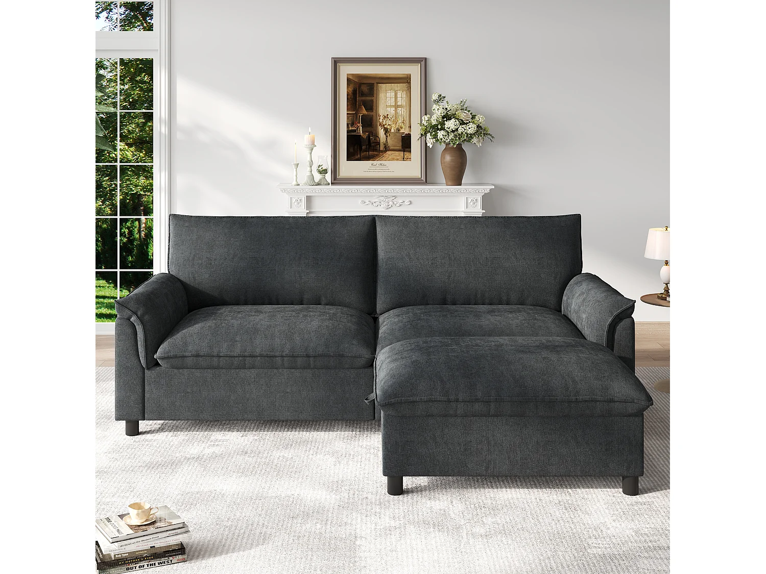 Moderne 2-zitsbank - 216 x 77 x 82 cm - met 1 verwijderbare voetensteun met opbergruimte - fluweel - zwart