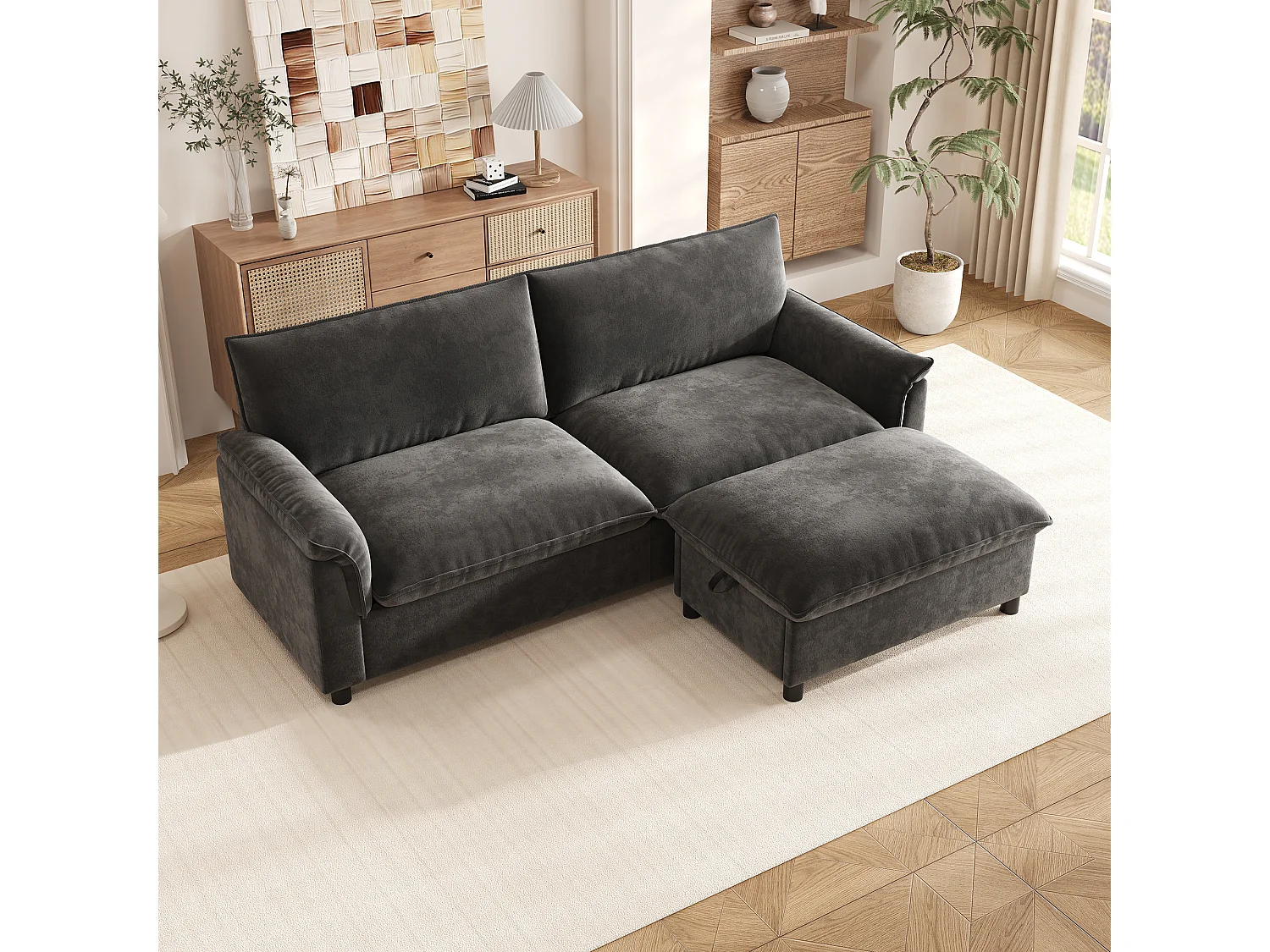 Modern 2-seater sofa - 216 x 77 x 82 cm - with 1 removable storage footrest - velvet - grey
