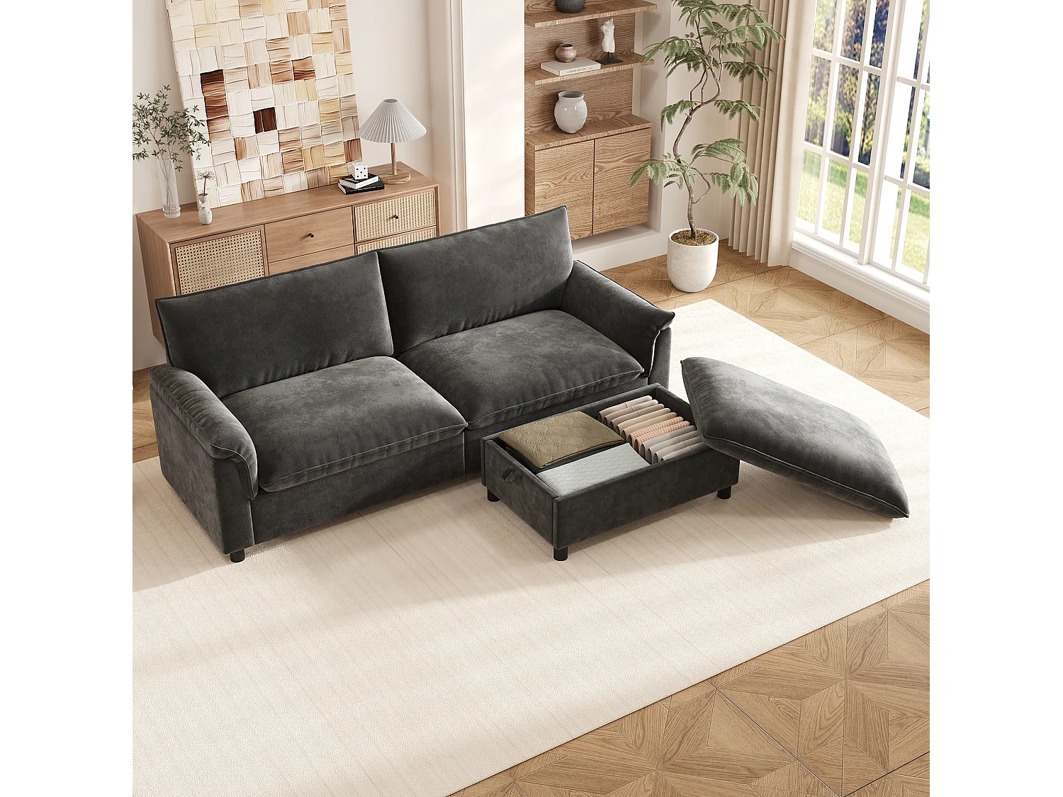 Modern 2-seater sofa - 216 x 77 x 82 cm - with 1 removable storage footrest - velvet - grey
