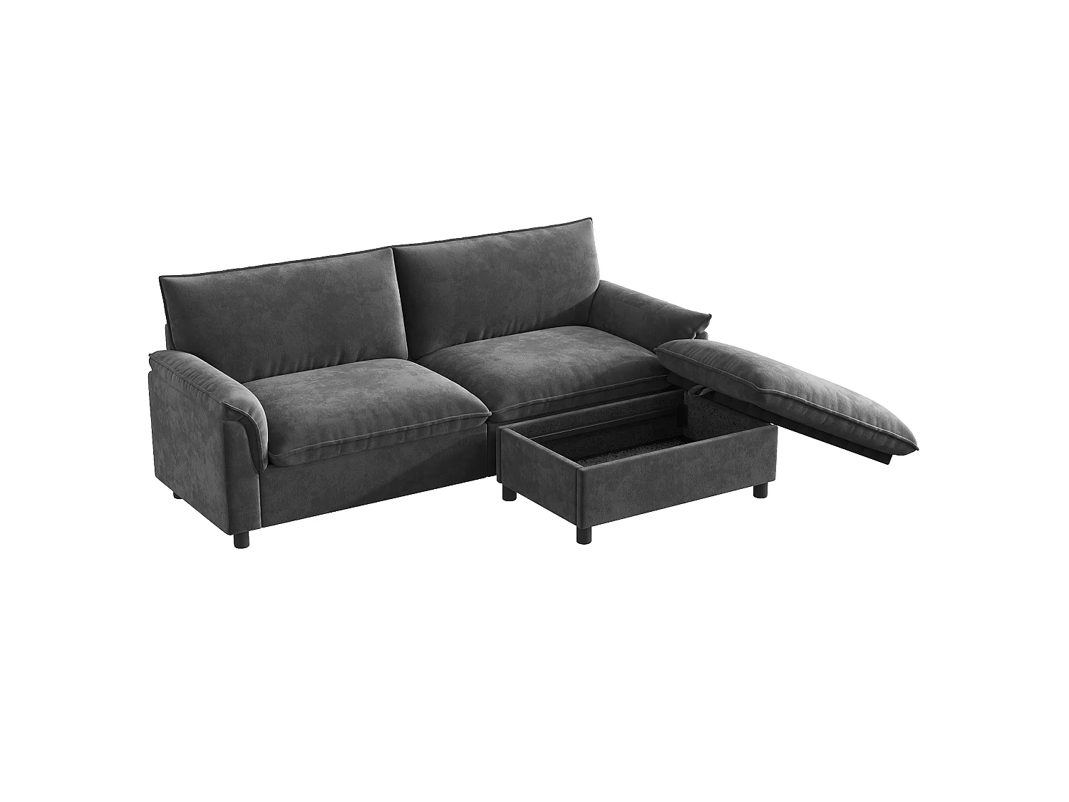Modern 2-seater sofa - 216 x 77 x 82 cm - with 1 removable storage footrest - velvet - grey