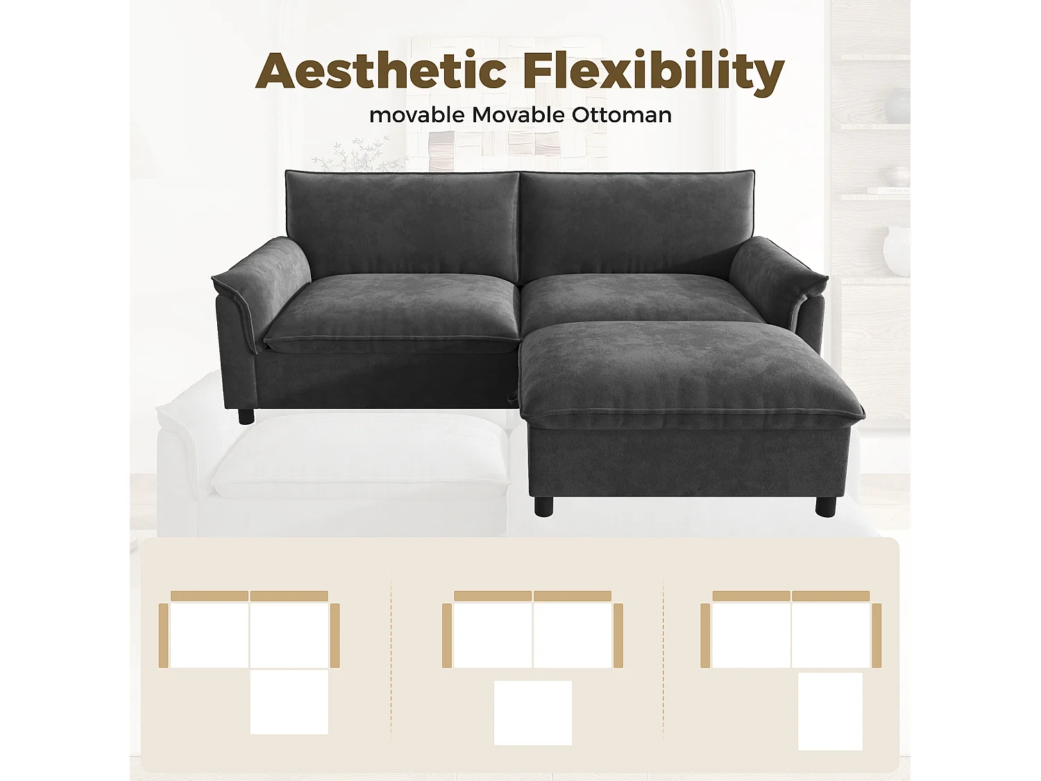 Modern 2-seater sofa - 216 x 77 x 82 cm - with 1 removable storage footrest - velvet - grey