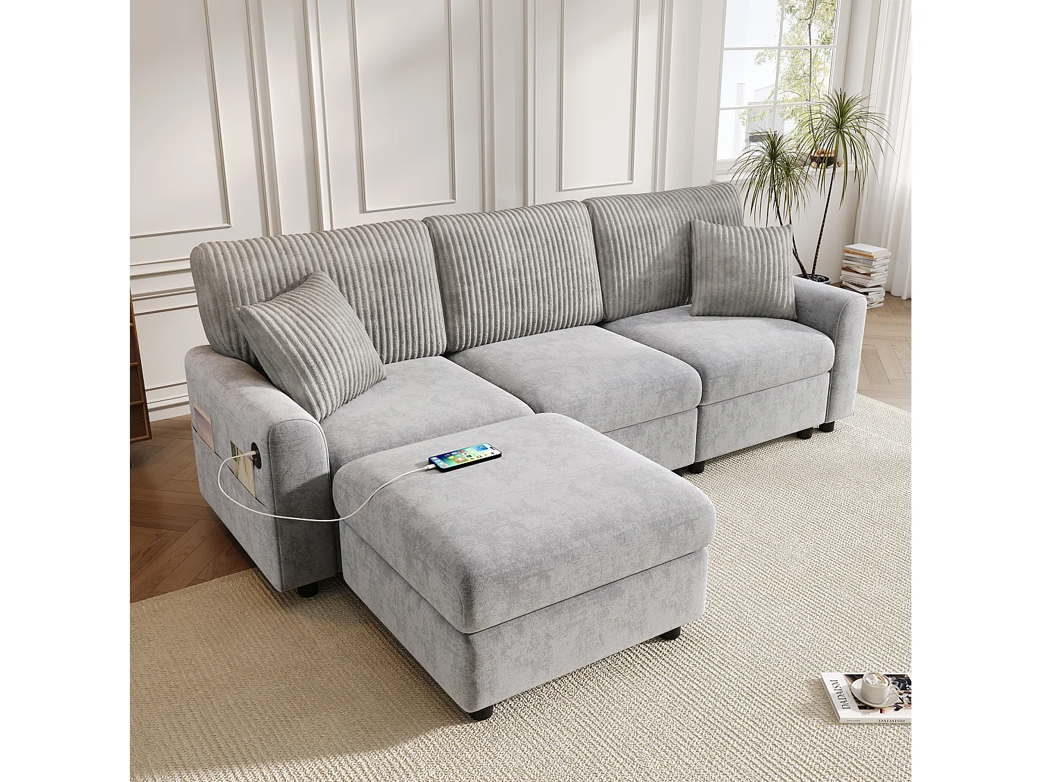 Nowoczesna sofa 3-osobowa - 223 x 146 x 84 cm - z 1 podnóżkiem + 2 poduszkami + USB + Type-C - welur - szary