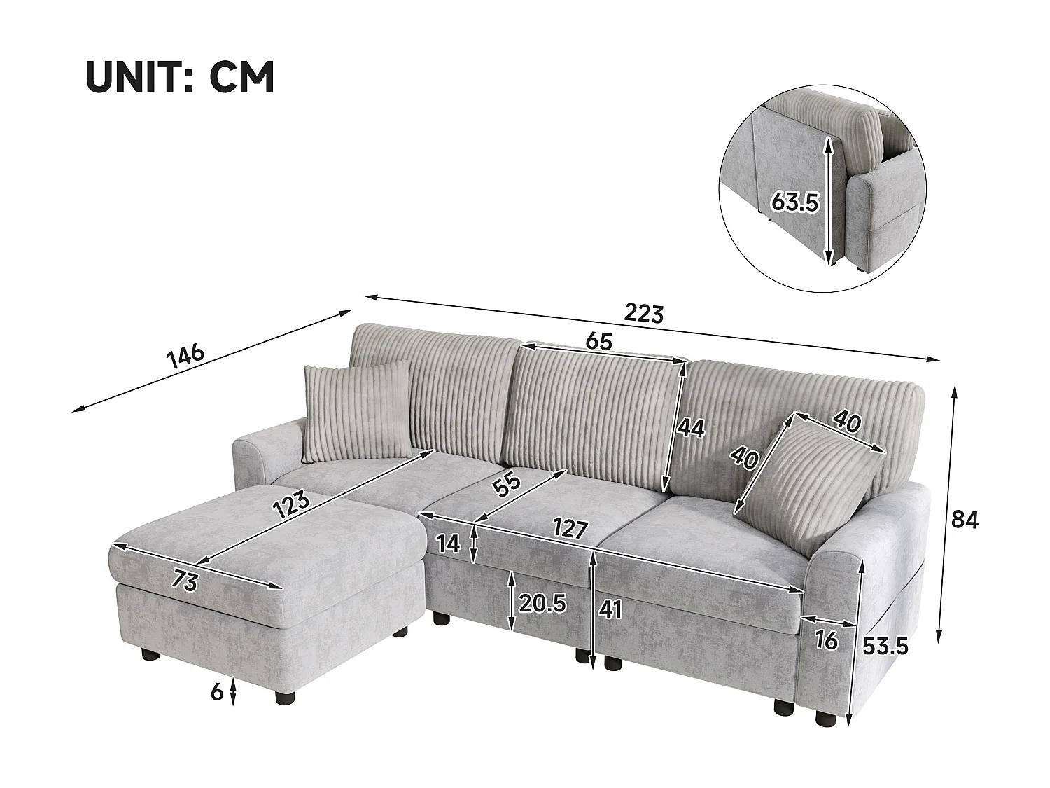 Nowoczesna sofa 3-osobowa - 223 x 146 x 84 cm - z 1 podnóżkiem + 2 poduszkami + USB + Type-C - welur - szary