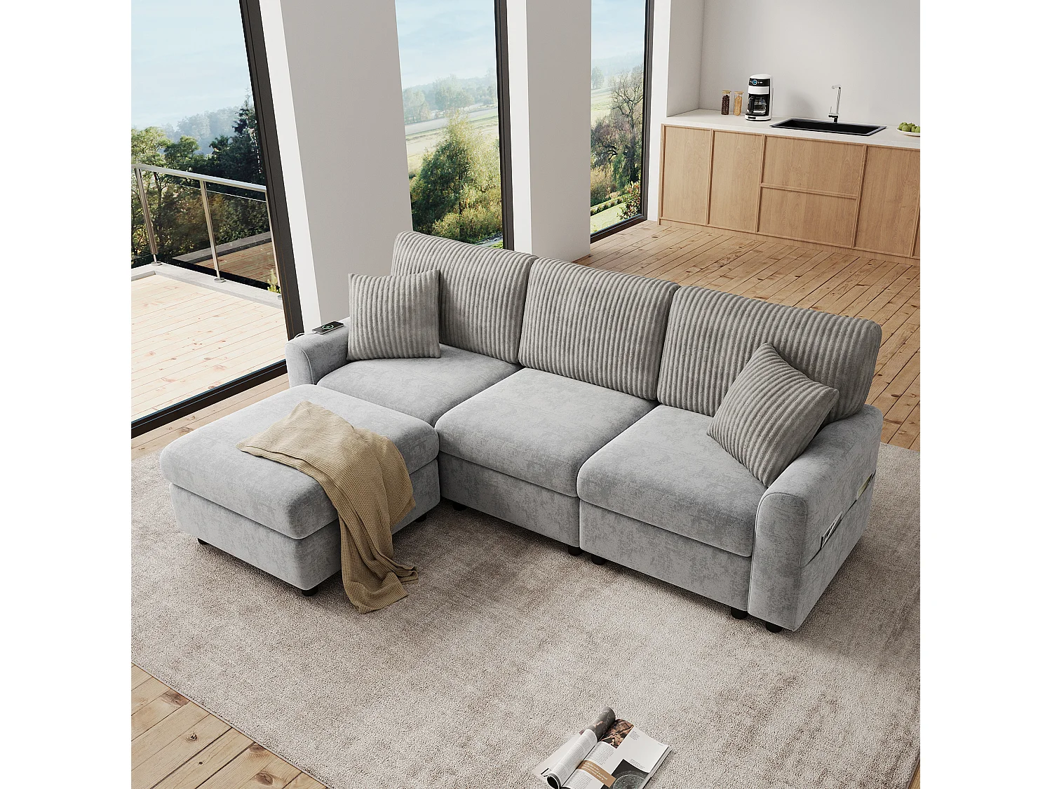 Nowoczesna sofa 3-osobowa - 223 x 146 x 84 cm - z 1 podnóżkiem + 2 poduszkami + USB + Type-C - welur - szary