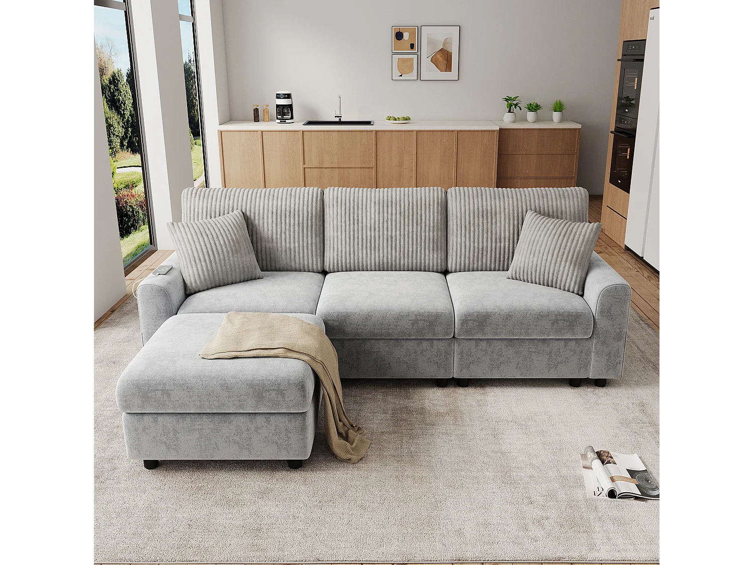 Nowoczesna sofa 3-osobowa - 223 x 146 x 84 cm - z 1 podnóżkiem + 2 poduszkami + USB + Type-C - welur - szary