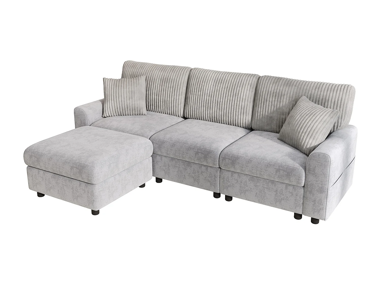 Nowoczesna sofa 3-osobowa - 223 x 146 x 84 cm - z 1 podnóżkiem + 2 poduszkami + USB + Type-C - welur - szary
