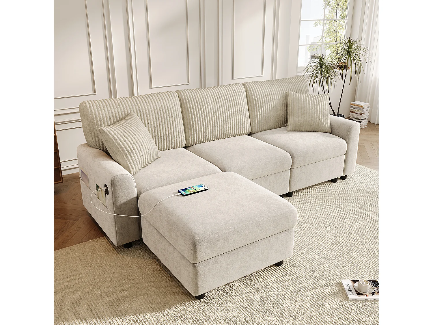 Nowoczesna sofa 3-osobowa - 223 x 146 x 84 cm - z 1 podnóżkiem + 2 poduszkami + USB + Type-C - welur - beż