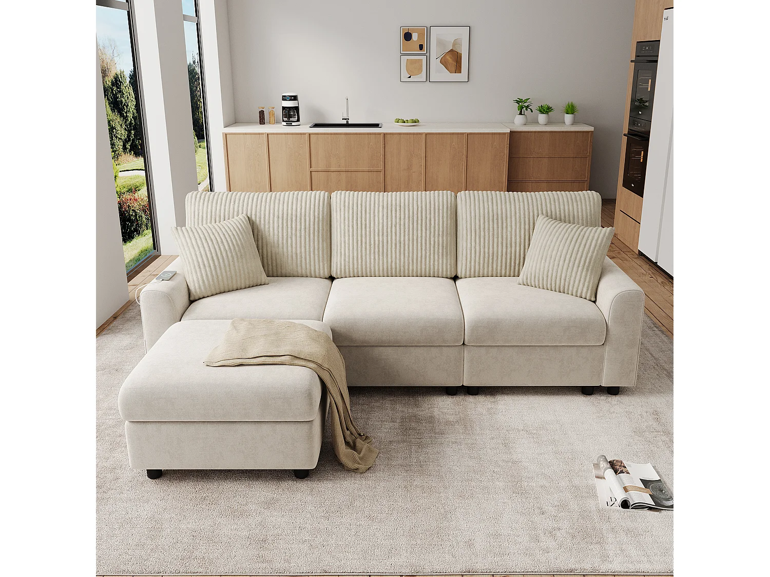 Nowoczesna sofa 3-osobowa - 223 x 146 x 84 cm - z 1 podnóżkiem + 2 poduszkami + USB + Type-C - welur - beż