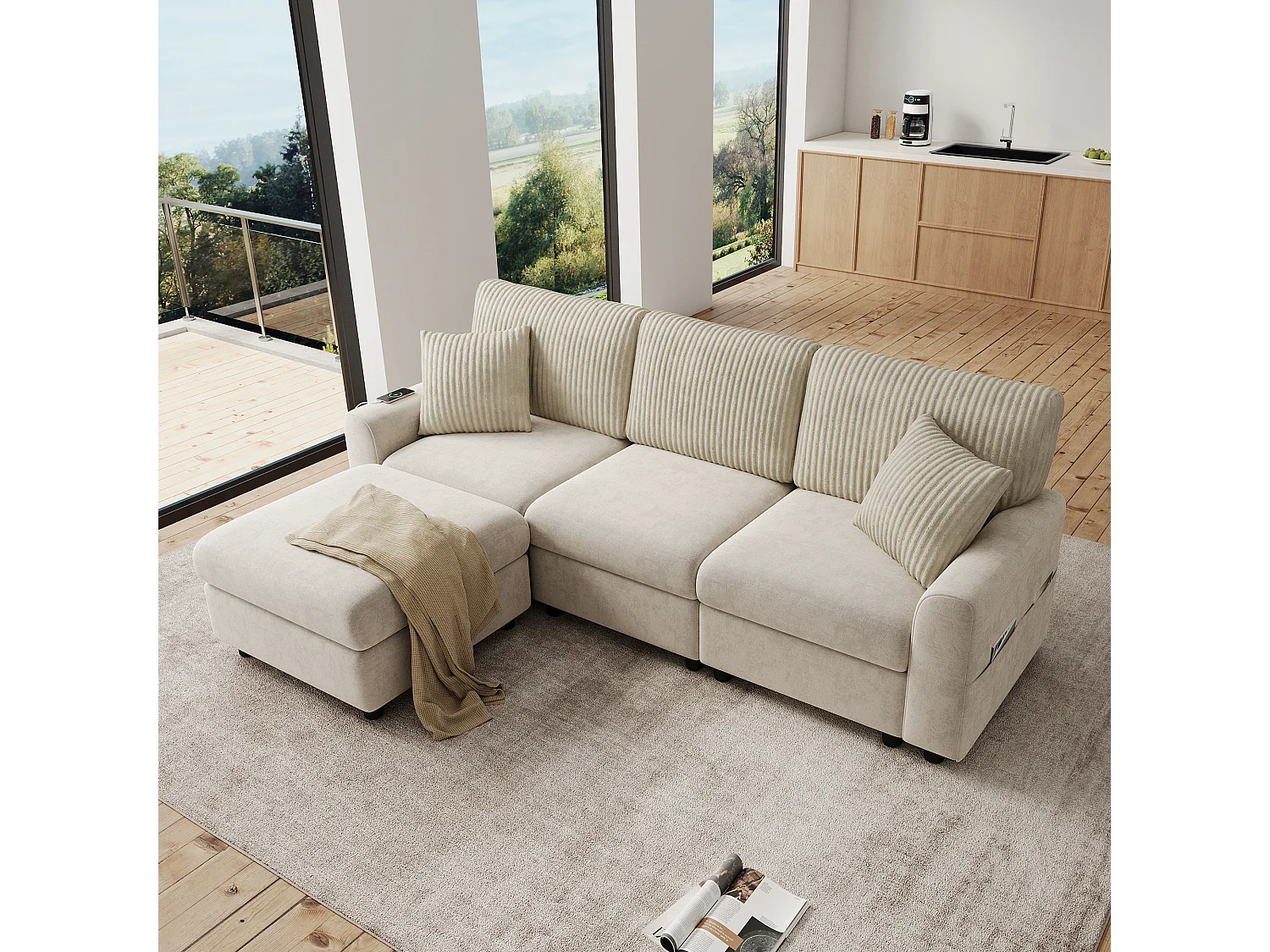 Nowoczesna sofa 3-osobowa - 223 x 146 x 84 cm - z 1 podnóżkiem + 2 poduszkami + USB + Type-C - welur - beż