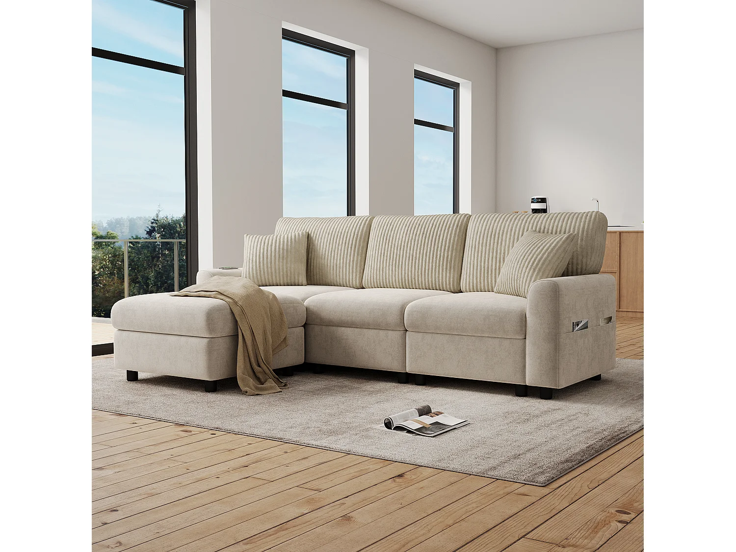 Nowoczesna sofa 3-osobowa - 223 x 146 x 84 cm - z 1 podnóżkiem + 2 poduszkami + USB + Type-C - welur - beż