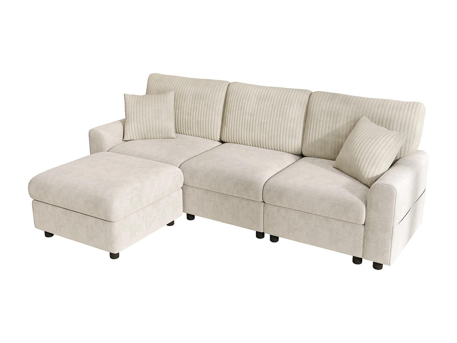 Nowoczesna sofa 3-osobowa - 223 x 146 x 84 cm - z 1 podnóżkiem + 2 poduszkami + USB + Type-C - welur - beż