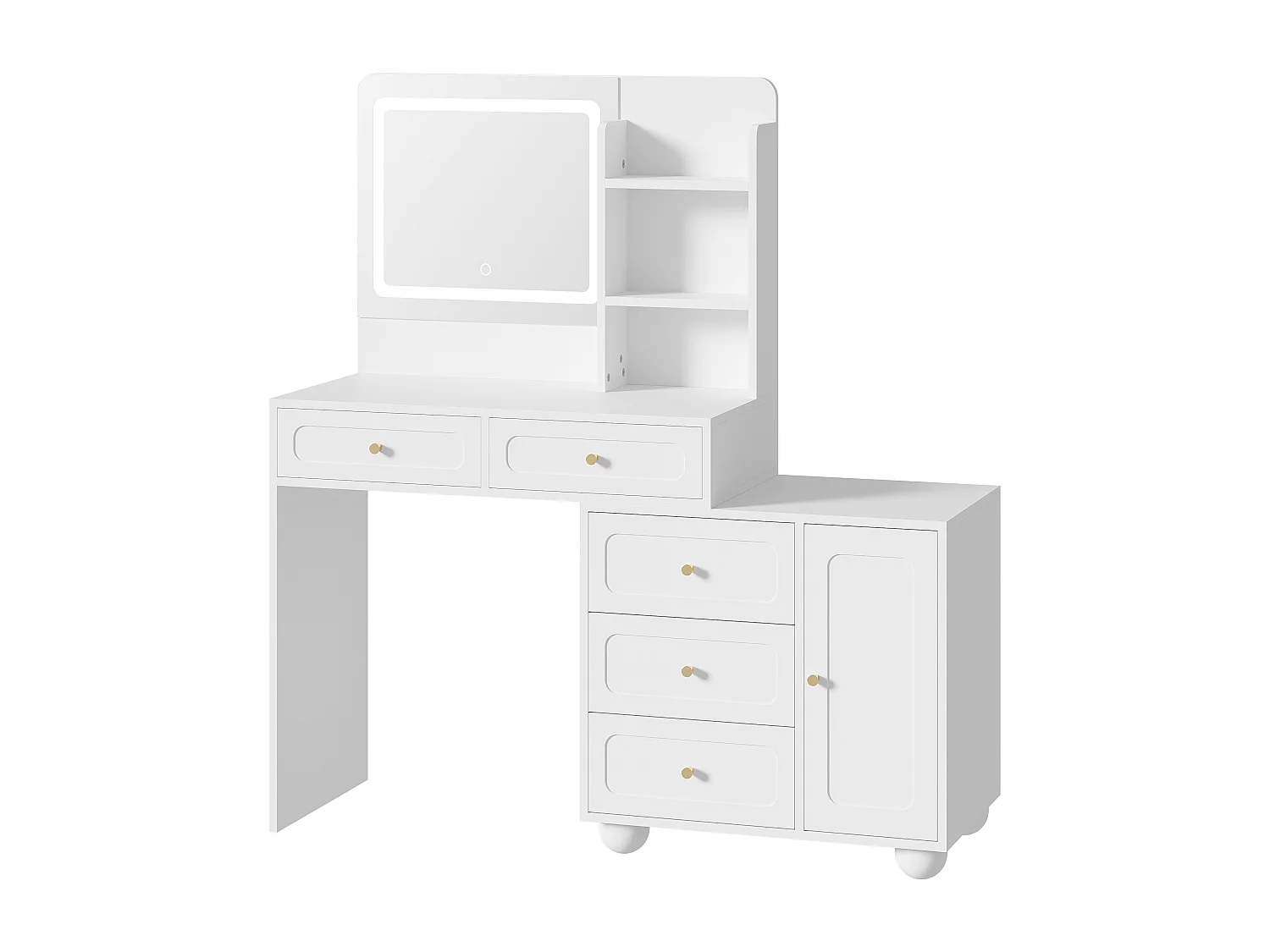 Moderne toiletbord - 80 x 39,8 x 127 cm - med LED'er + spejl + 5 skuffer + 1 dør + hylder - MDF - hvid