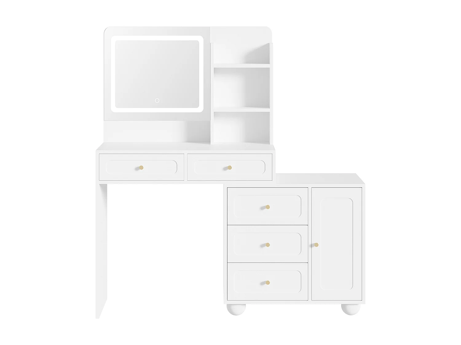 Moderne toiletbord - 80 x 39,8 x 127 cm - med LED'er + spejl + 5 skuffer + 1 dør + hylder - MDF - hvid