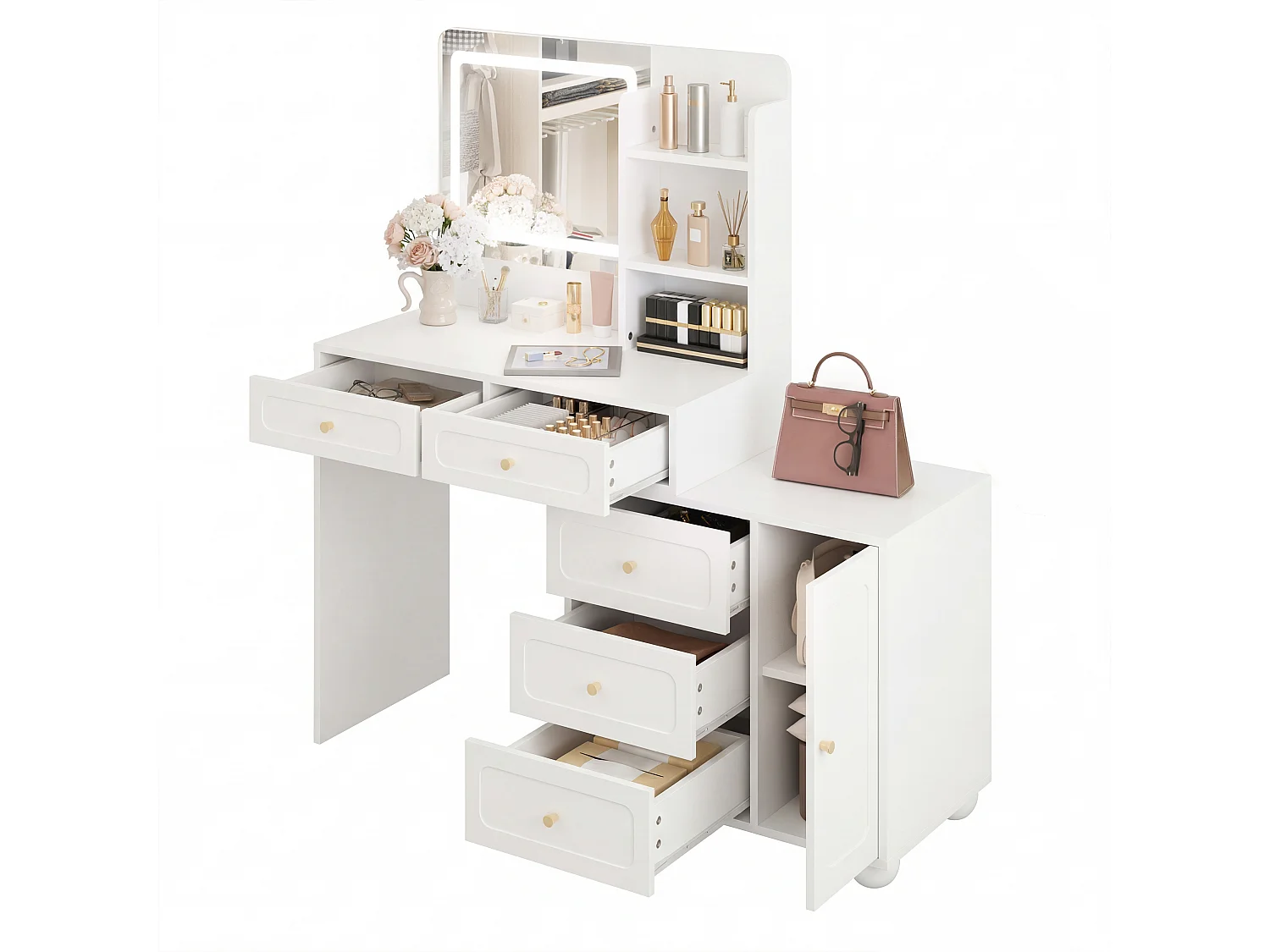 Moderne toiletbord - 80 x 39,8 x 127 cm - med LED'er + spejl + 5 skuffer + 1 dør + hylder - MDF - hvid