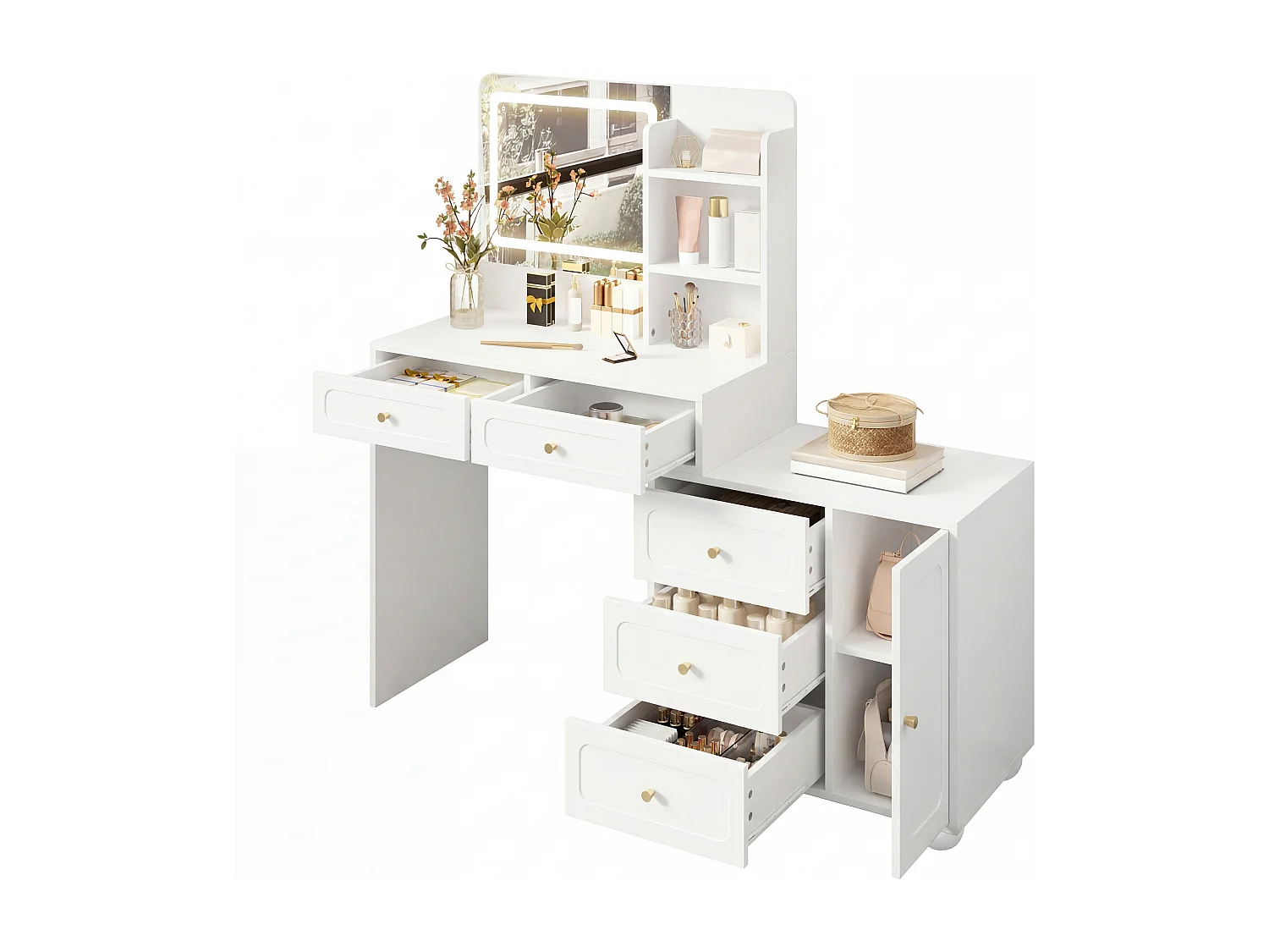 Moderne toiletbord - 80 x 39,8 x 127 cm - med LED'er + spejl + 5 skuffer + 1 dør + hylder - MDF - hvid