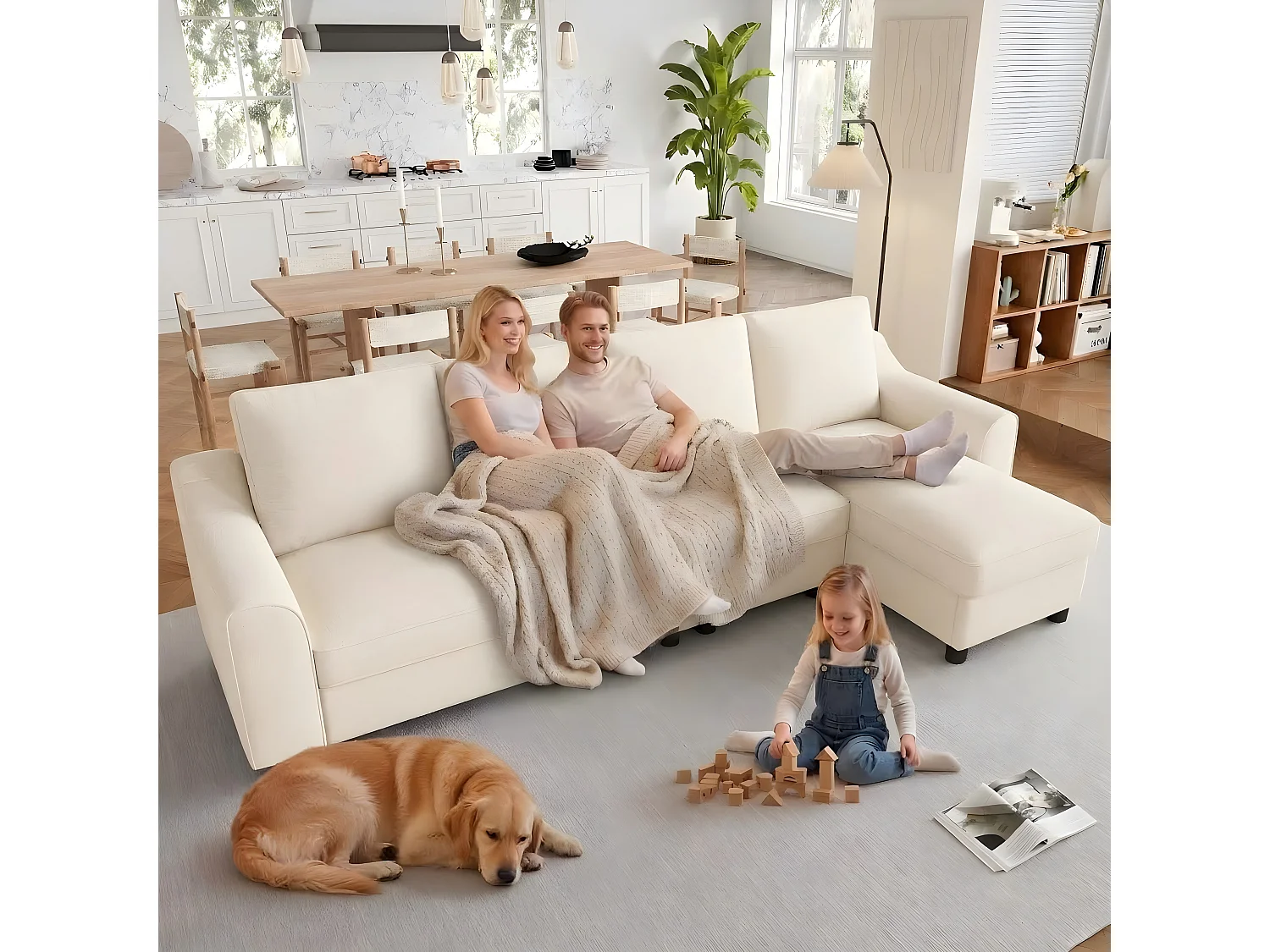 Canapé d'angle moderne 3 places - avec méridienne de rangement - dossier rabattable avec porte-gobelets - velours - beige