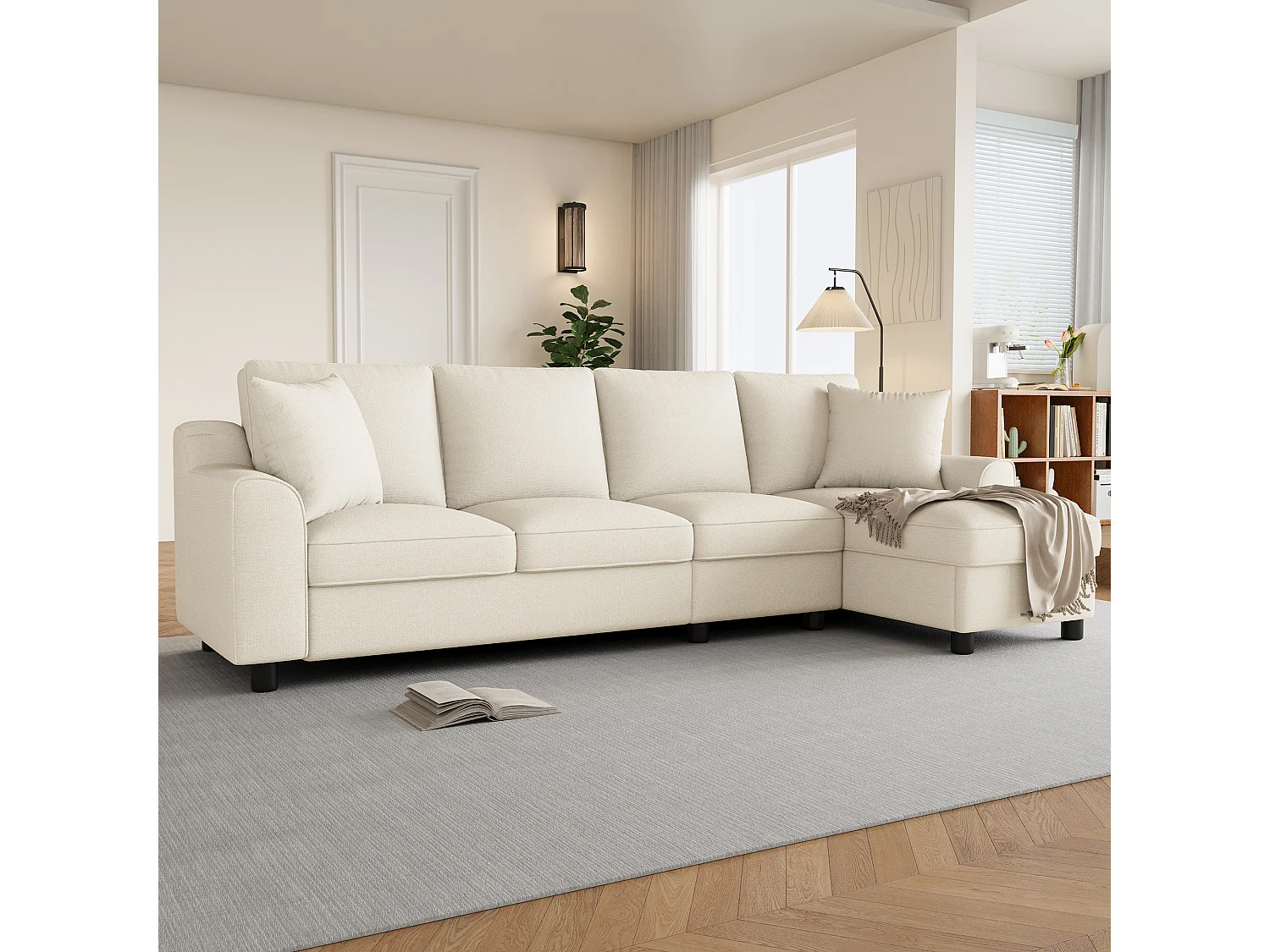 Canapé d'angle moderne 3 places - avec méridienne de rangement - dossier rabattable avec porte-gobelets - velours - beige