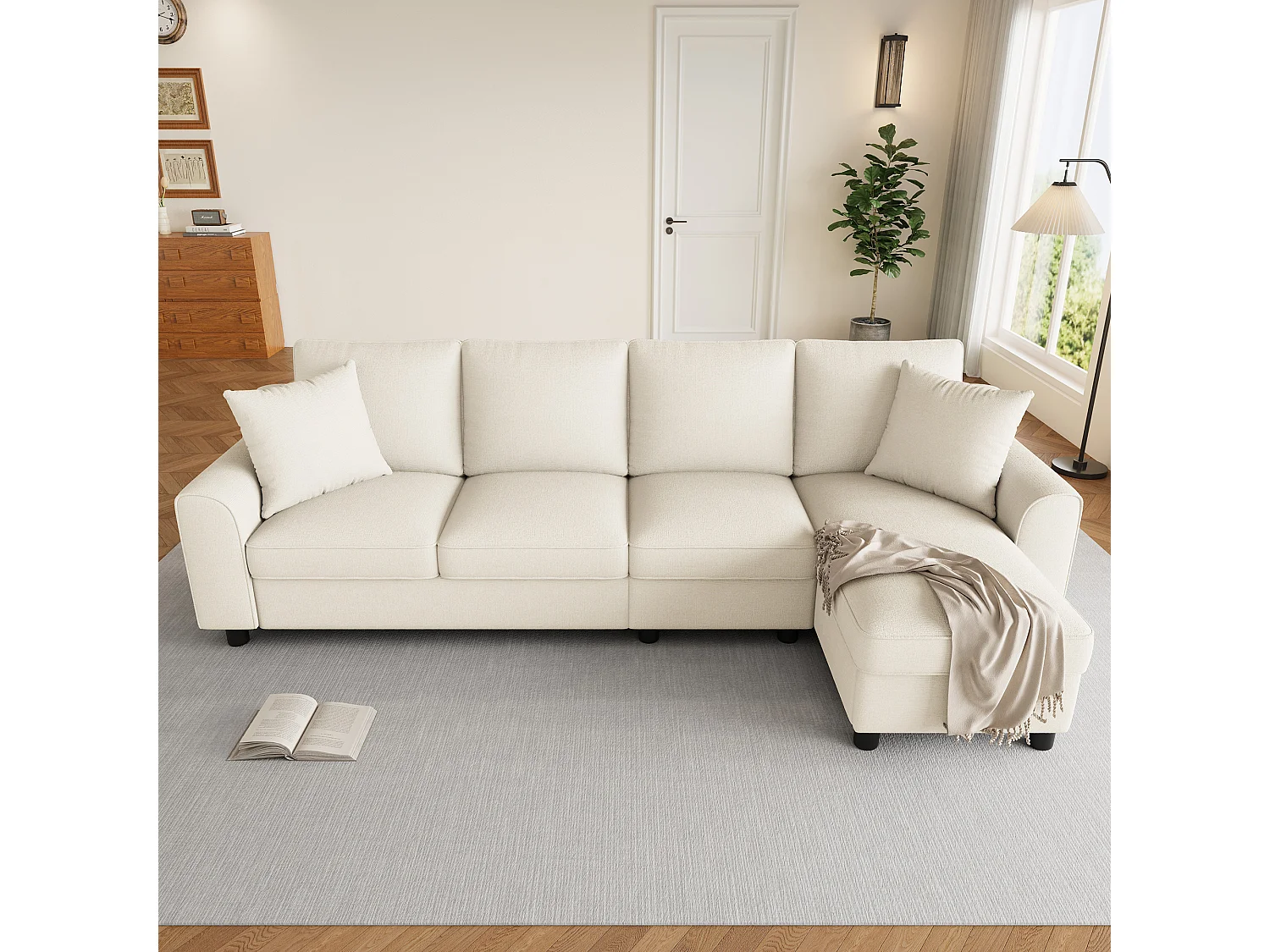 Canapé d'angle moderne 3 places - avec méridienne de rangement - dossier rabattable avec porte-gobelets - velours - beige