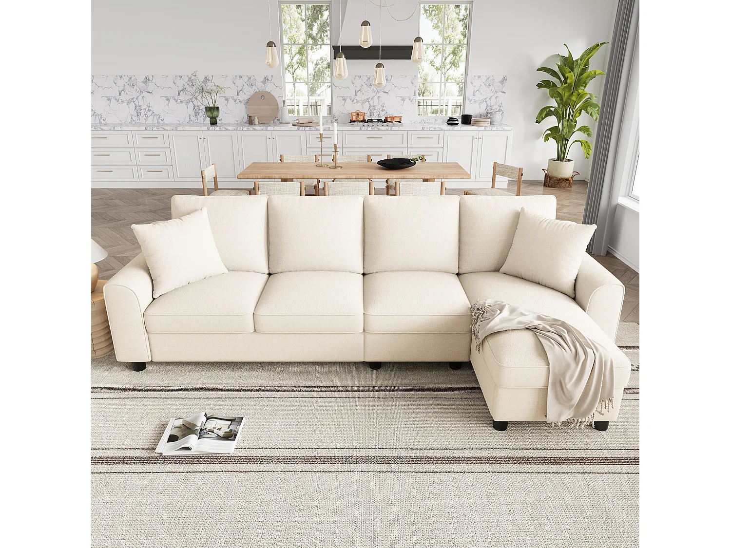 Canapé d'angle moderne 3 places - avec méridienne de rangement - dossier rabattable avec porte-gobelets - velours - beige