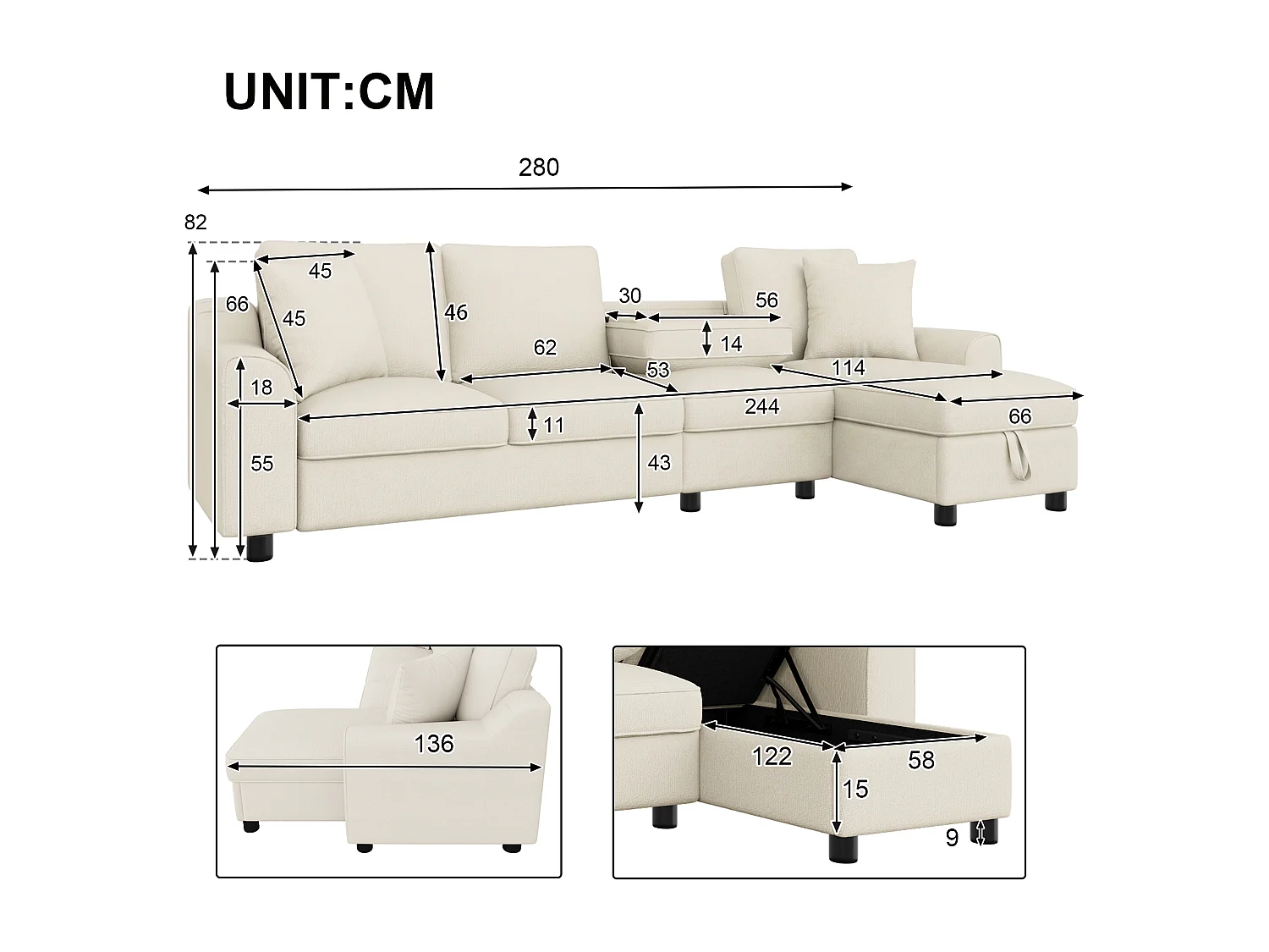Canapé d'angle moderne 3 places - avec méridienne de rangement - dossier rabattable avec porte-gobelets - velours - beige
