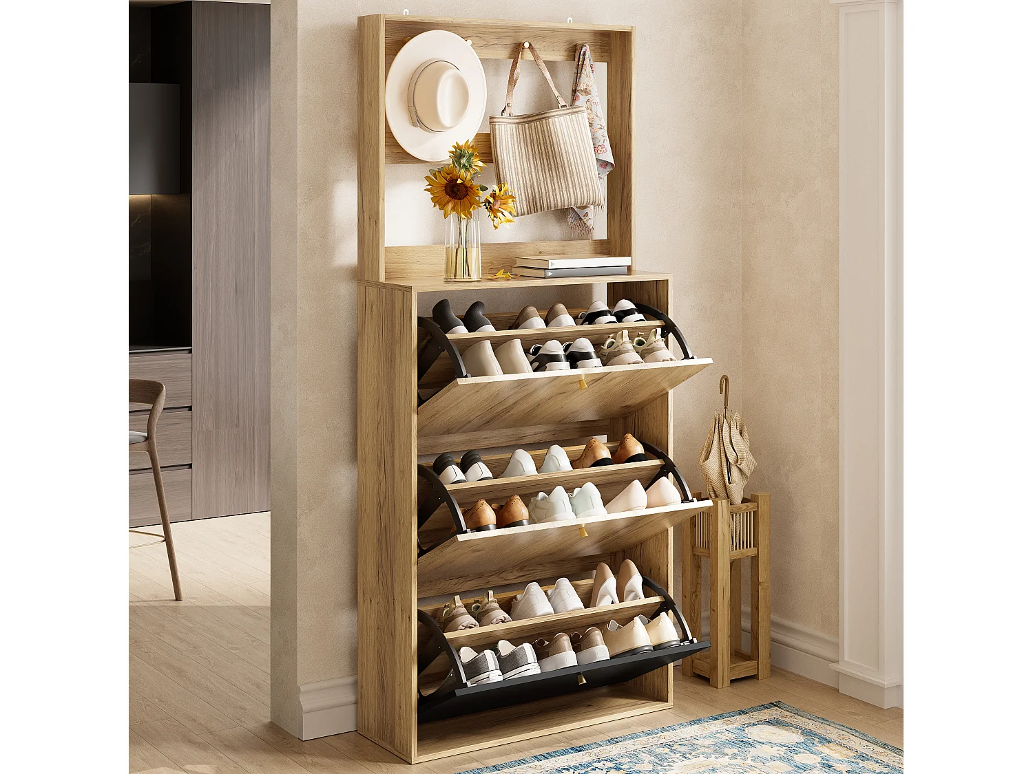 Meuble à chaussures moderne - 75 x 24 x 180 cm - avec crochets + 3 rangement rabattable - aggloméré - naturel + noir